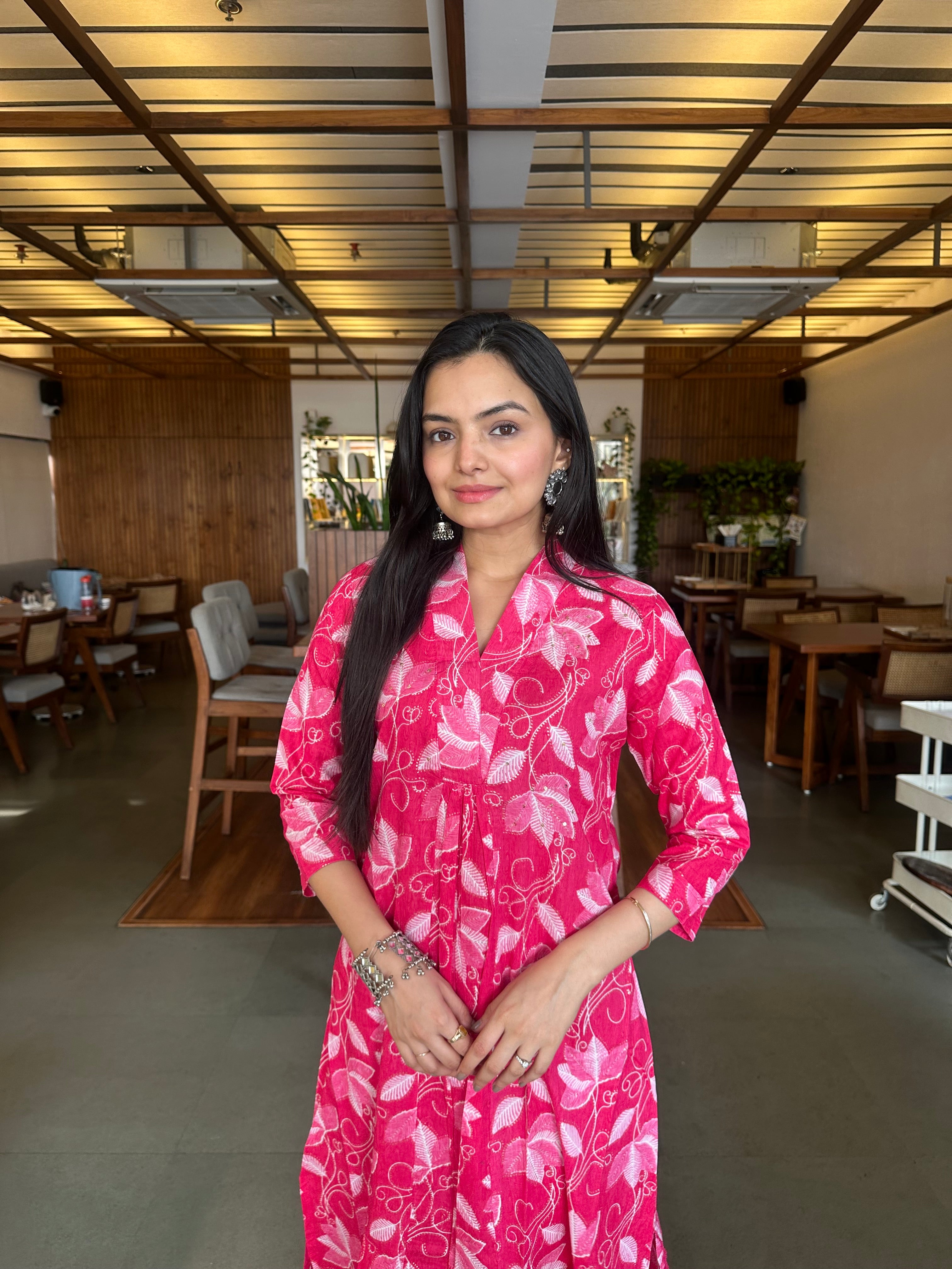 Deep Pink Leaf Print A-Line Kurti Pant Set