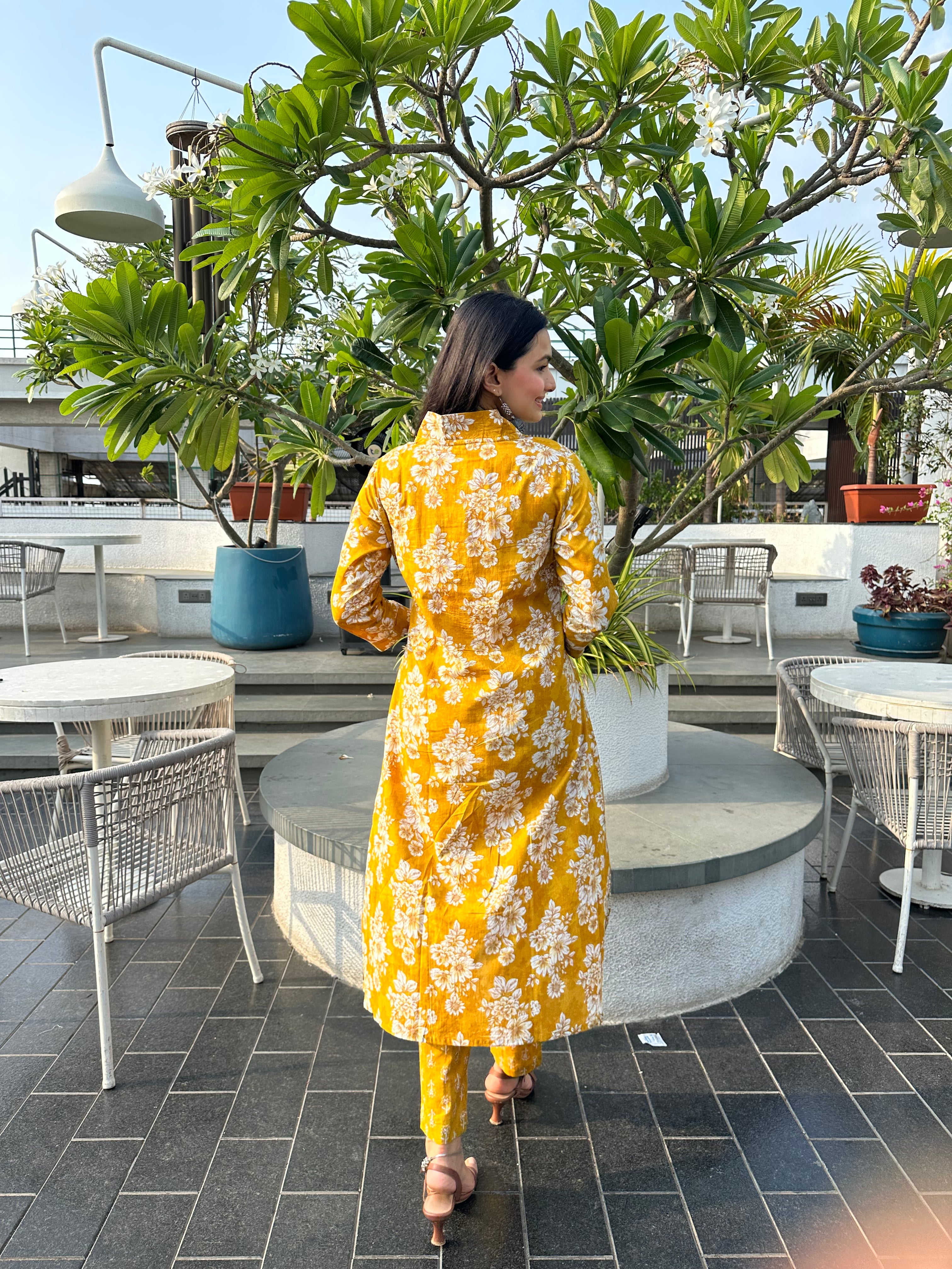 Sunbeam Petals Mustard Floral Print A-Line Kurti Pant Set