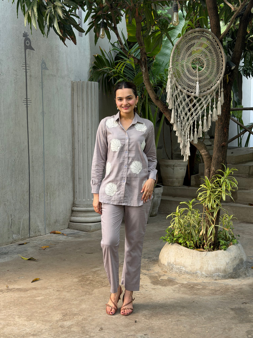 Mushroom Grey Floral Applique Pure Linen Coord Set
