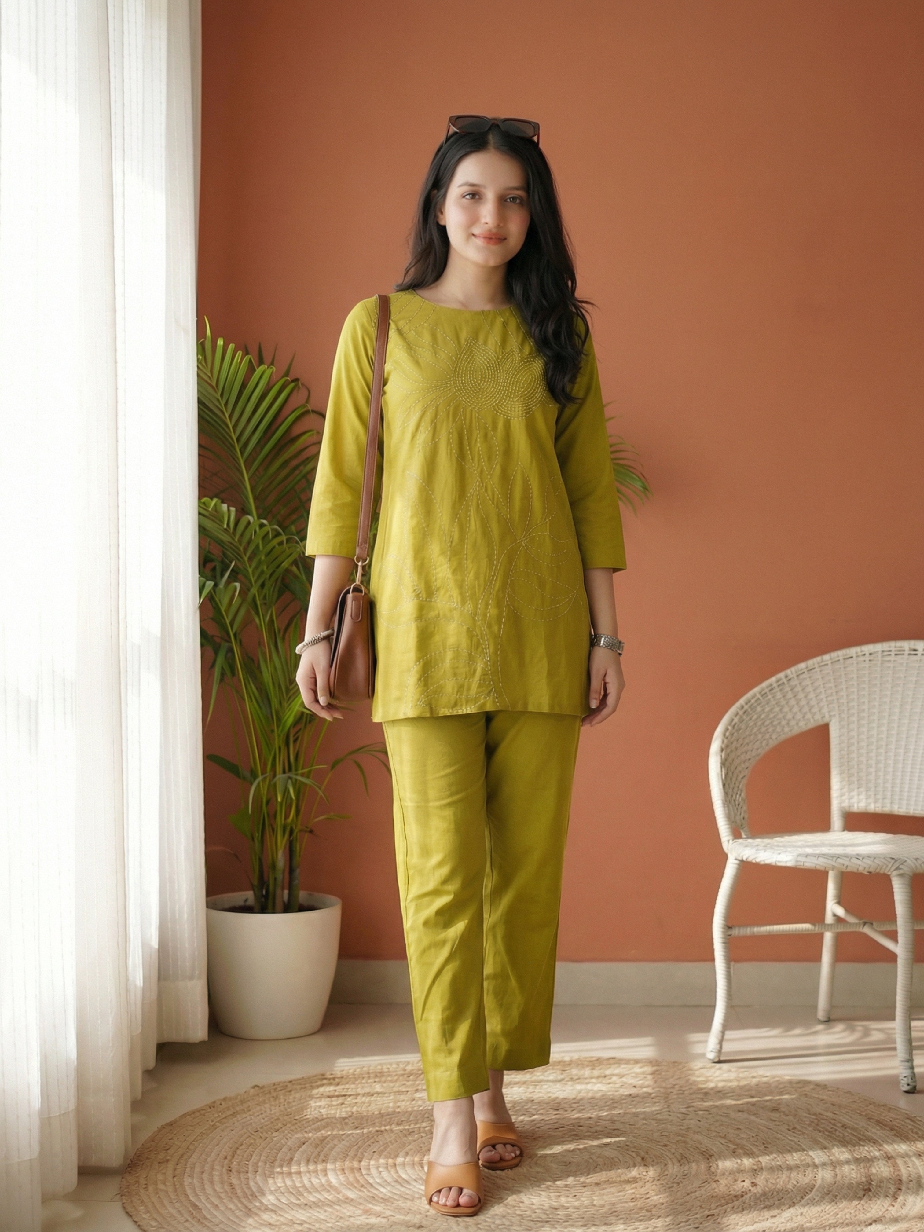Abstract Embroidery Green Cotton Flex Co-ord Set