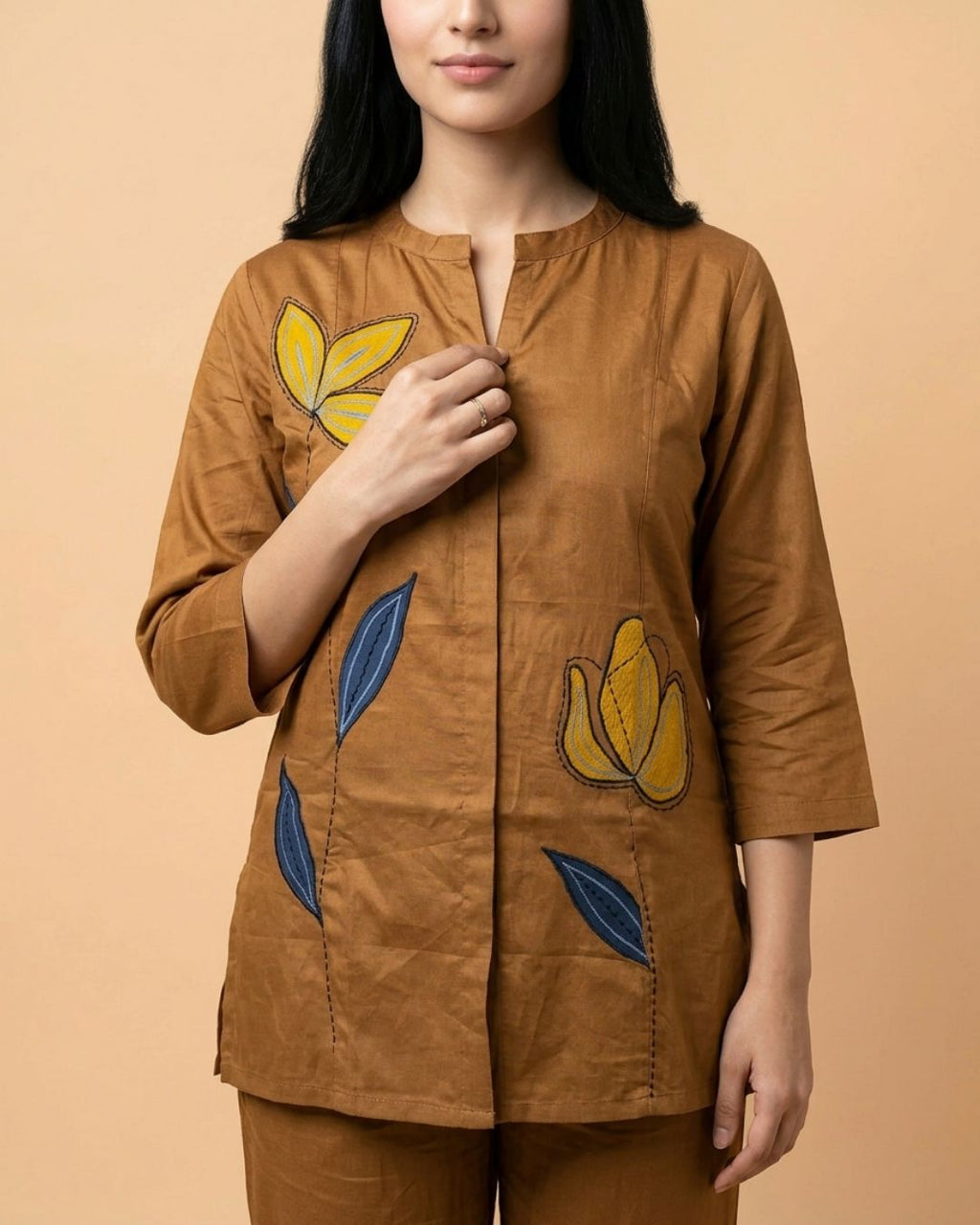 Dune Brown Leaf Applique Giza Silk Coord Set