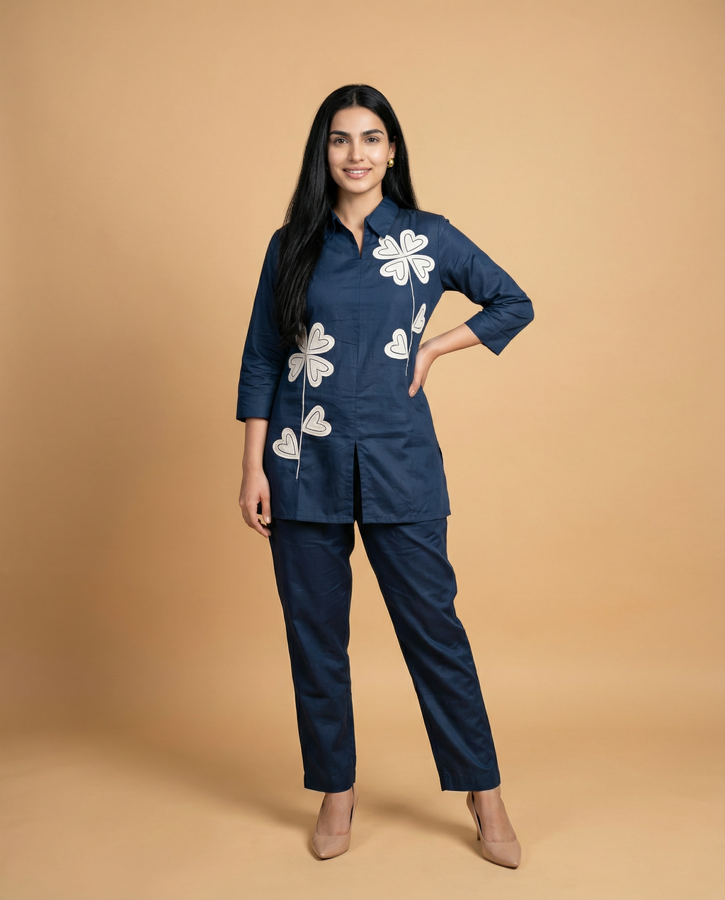 Petrol Blue Applique Giza Silk Coord Set