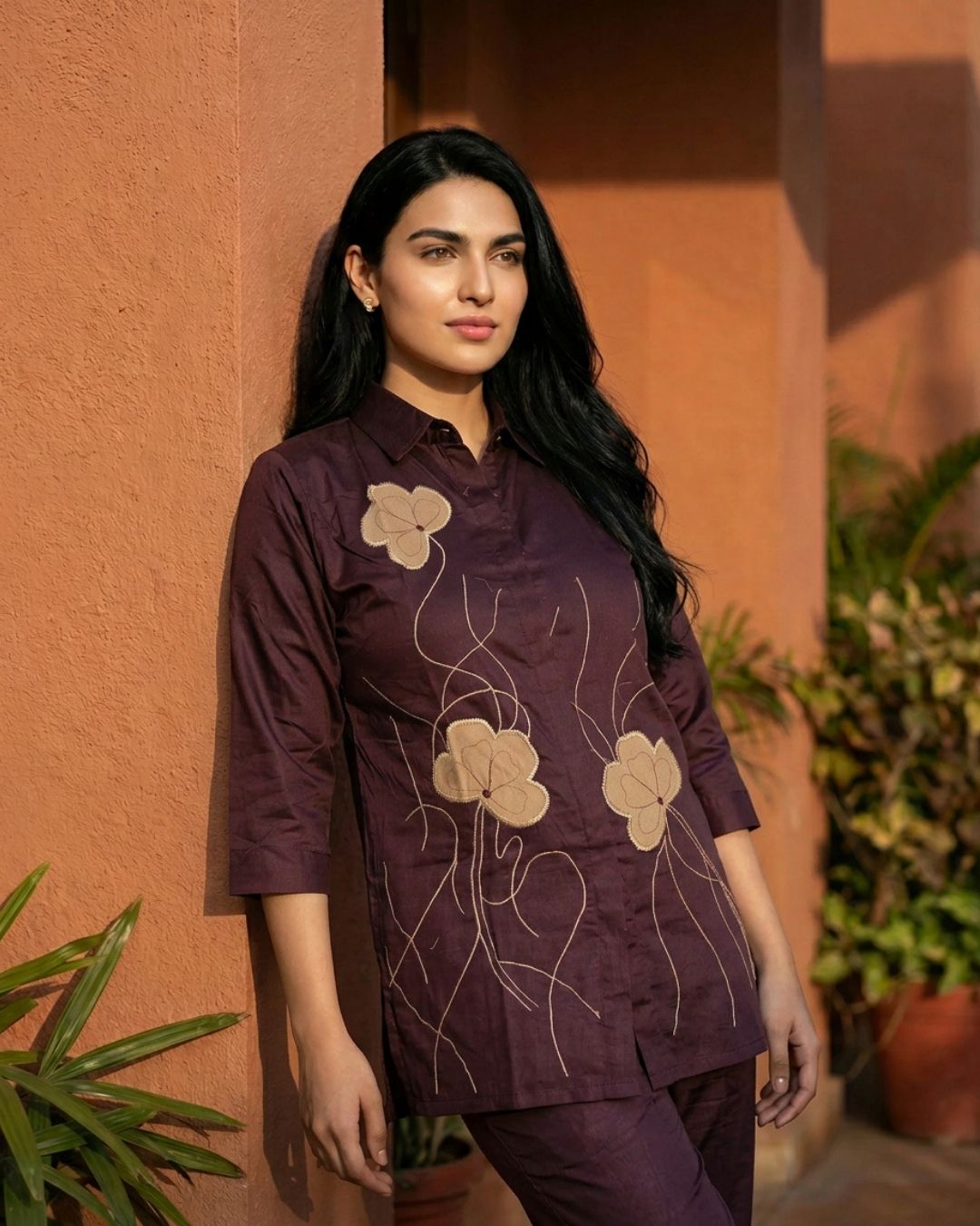 Burgundy Wine Flora Applique Giza Silk Coord Set