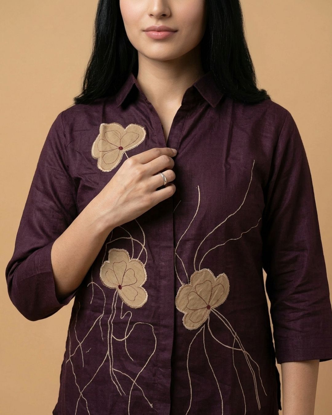 Burgundy Wine Flora Applique Giza Silk Coord Set