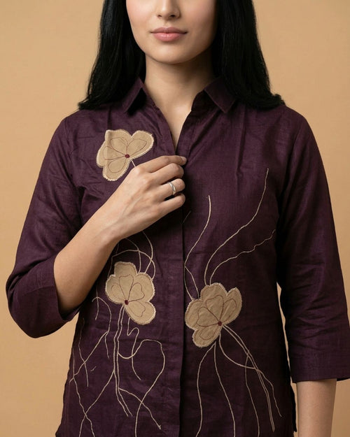 Burgundy Wine Flora Applique Giza Silk Coord Set