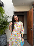 Cream Brush Print kurti pant set