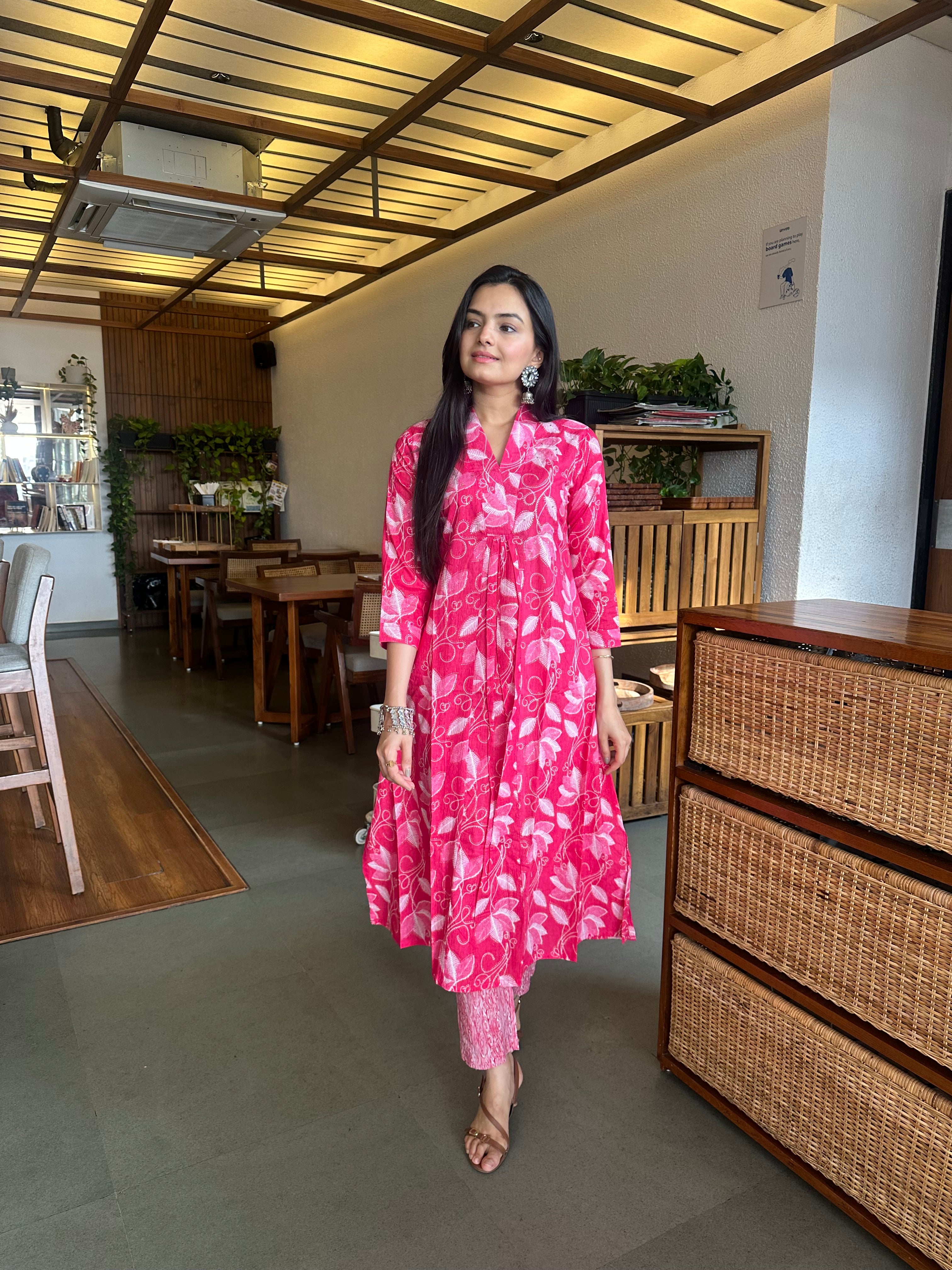 Deep Pink Leaf Print A-Line Kurti Pant Set