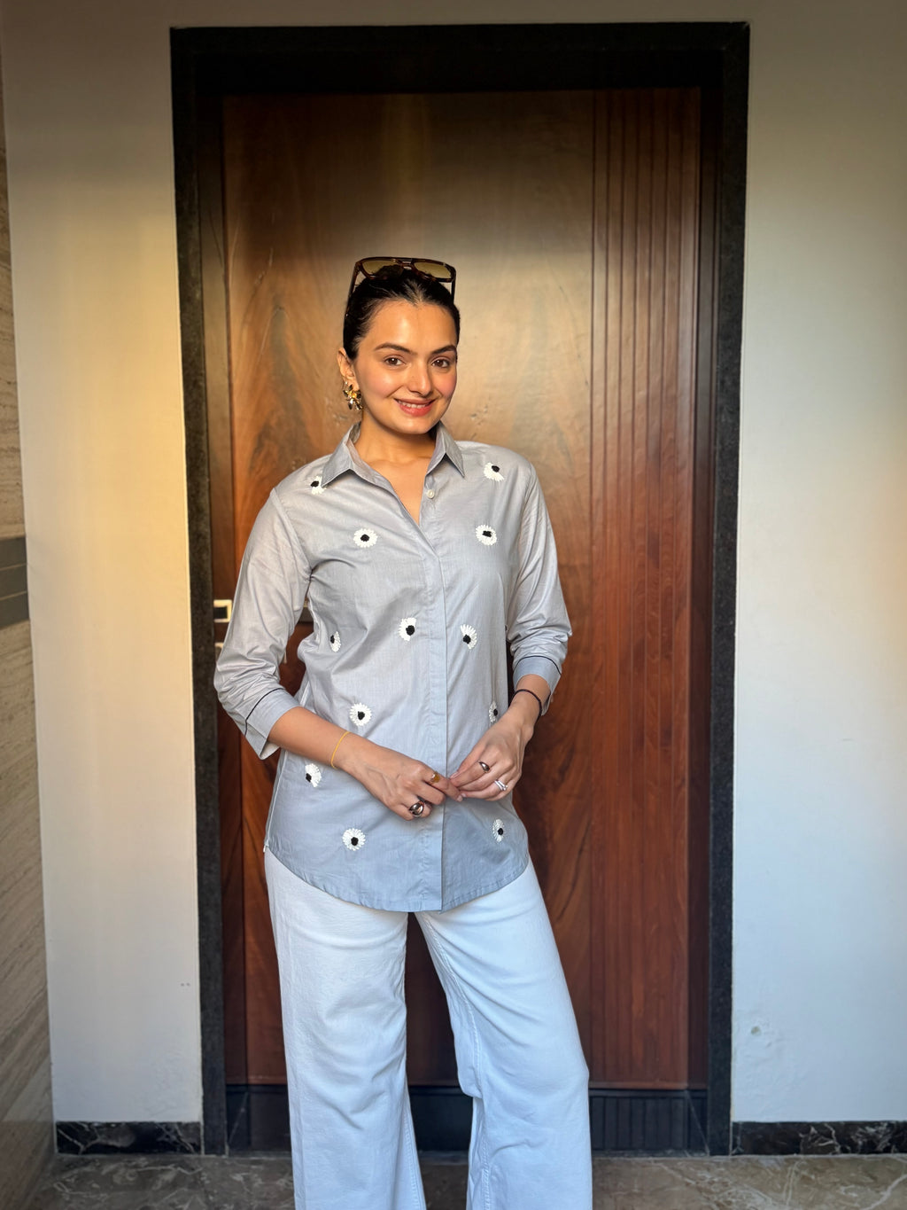 Silver Mist Floral Embroidered Premium Rich Poplin Shirt