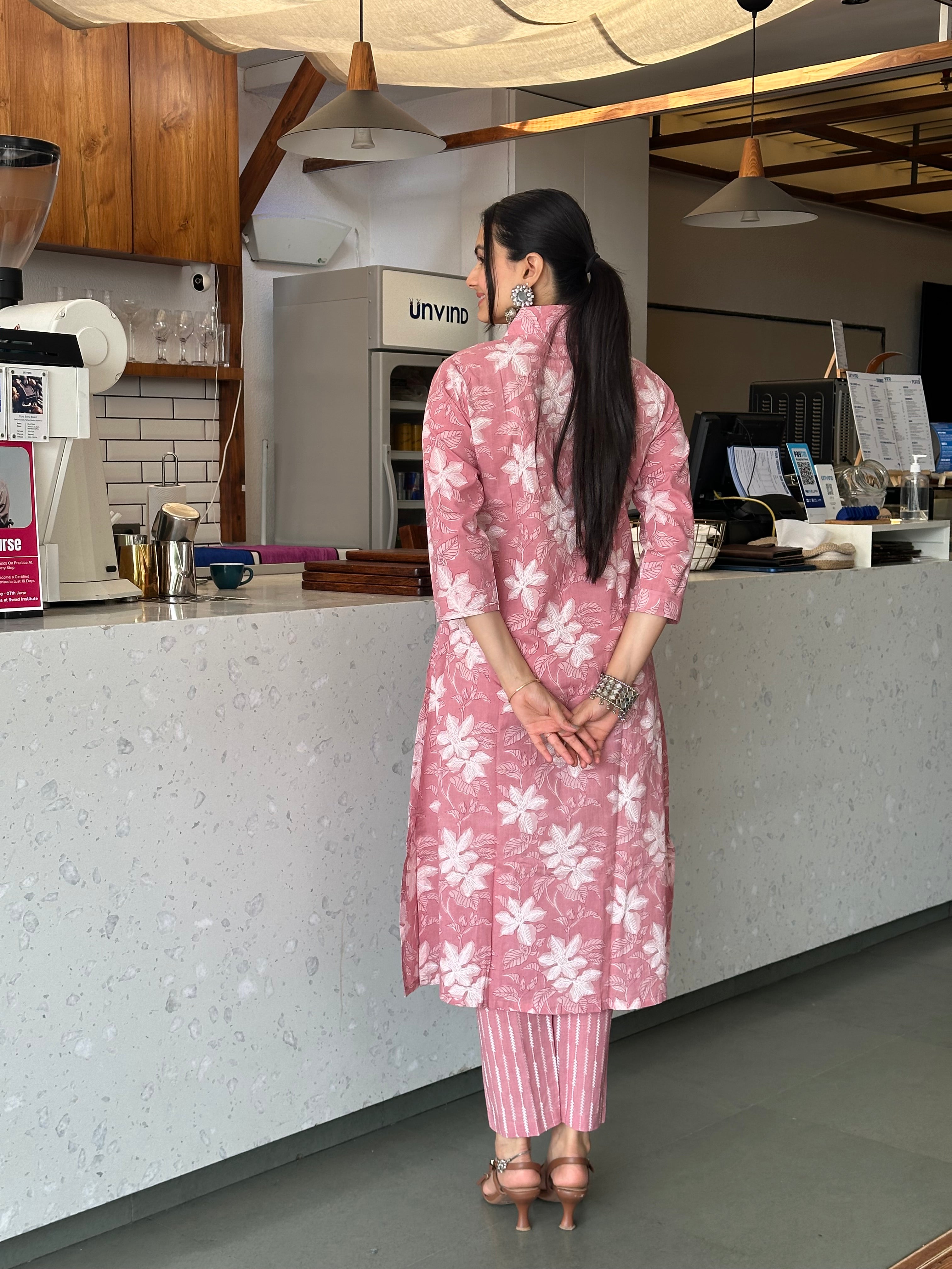 Ethereal Peach Blossom Print A-Line Kurti Pant Set
