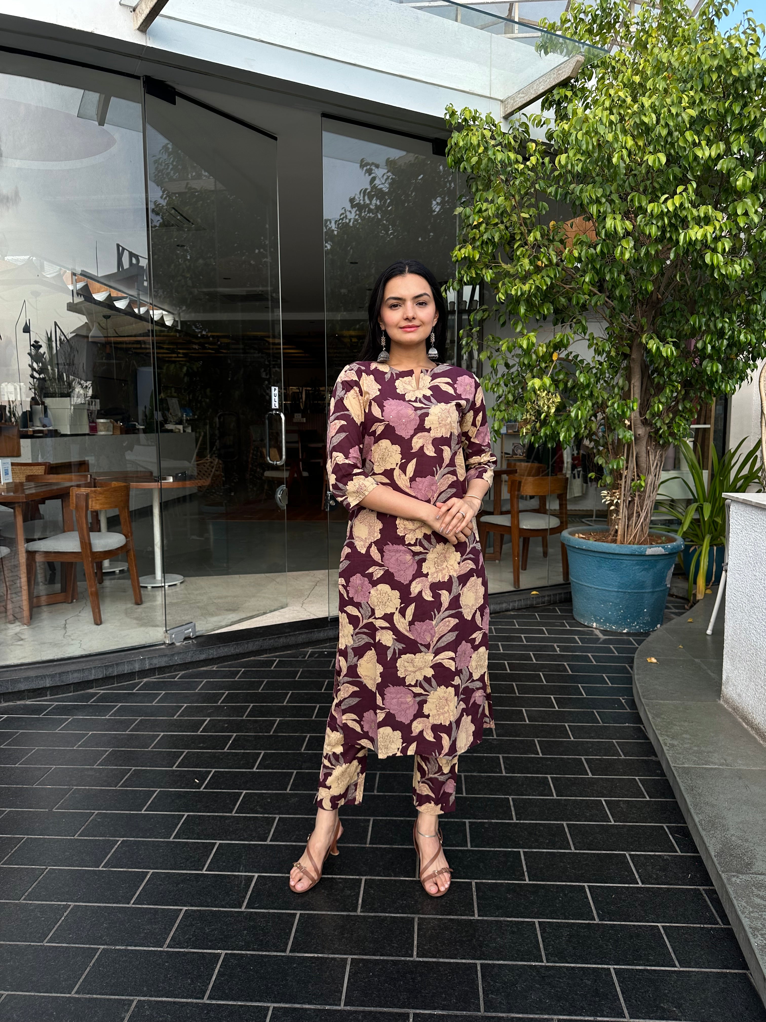 Wine Floral Foil Printed Kurta Set