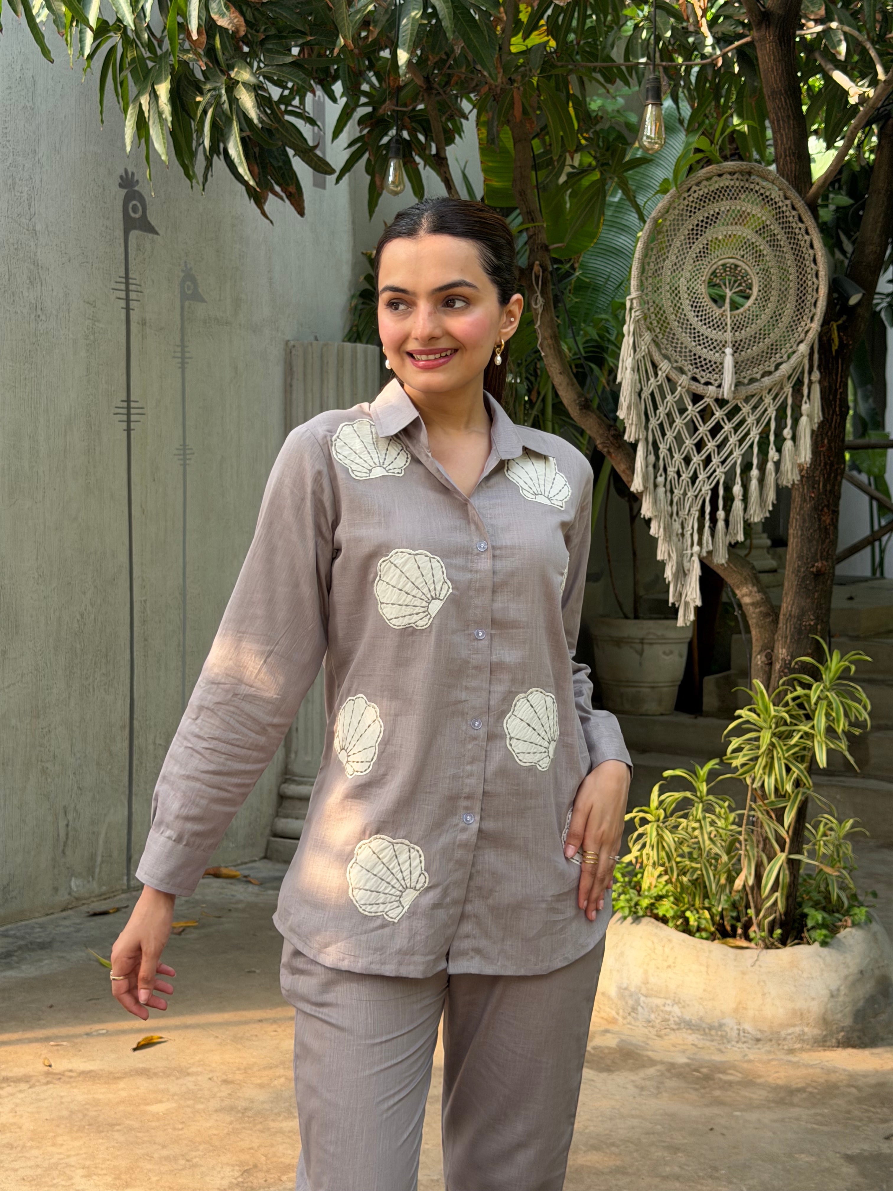 Mushroom Grey Floral Applique Pure Linen Coord Set
