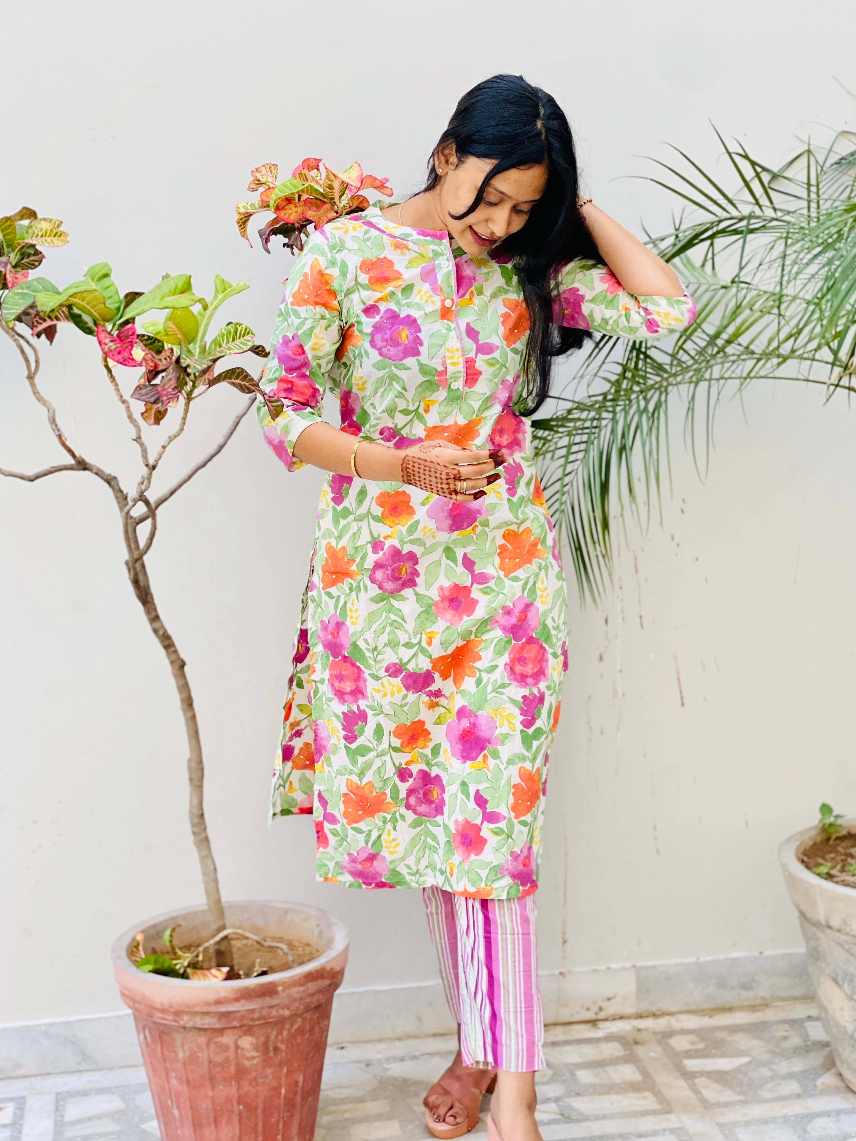 Multi Colour Floral Print Cotton Kurti Pant Set