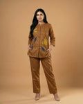 Dune Brown Leaf Applique Giza Silk Coord Set