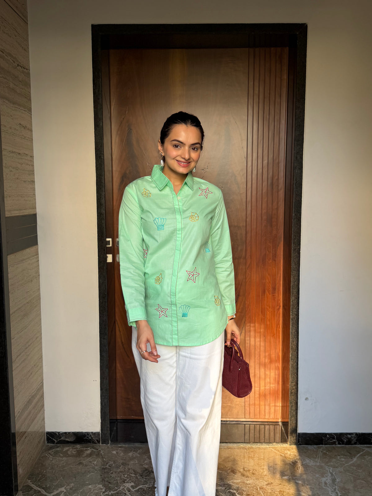 Pistachio Marine Life Embroidered Rich Poplin Shirt