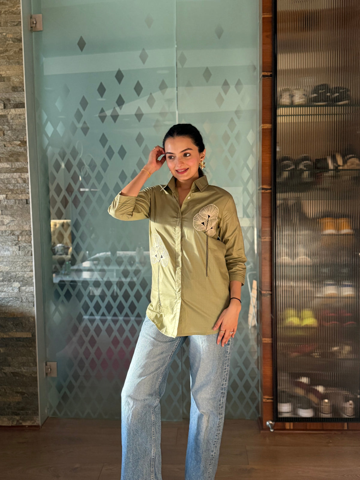 Olive Green Floral Embroidered Rich Poplin Shirt