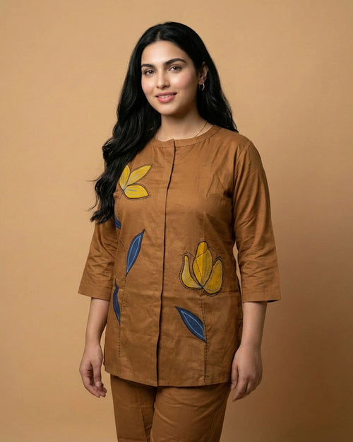 Dune Brown Leaf Applique Giza Silk Coord Set