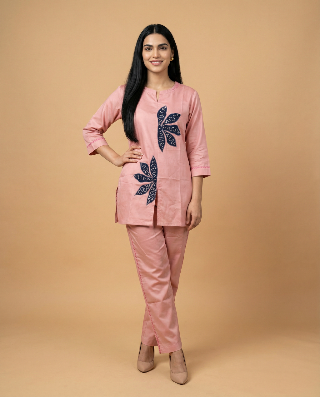 Osis Peach Floral Applique Giza Silk Coord Set