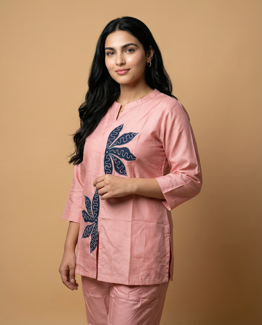 Osis Peach Floral Applique Giza Silk Coord Set