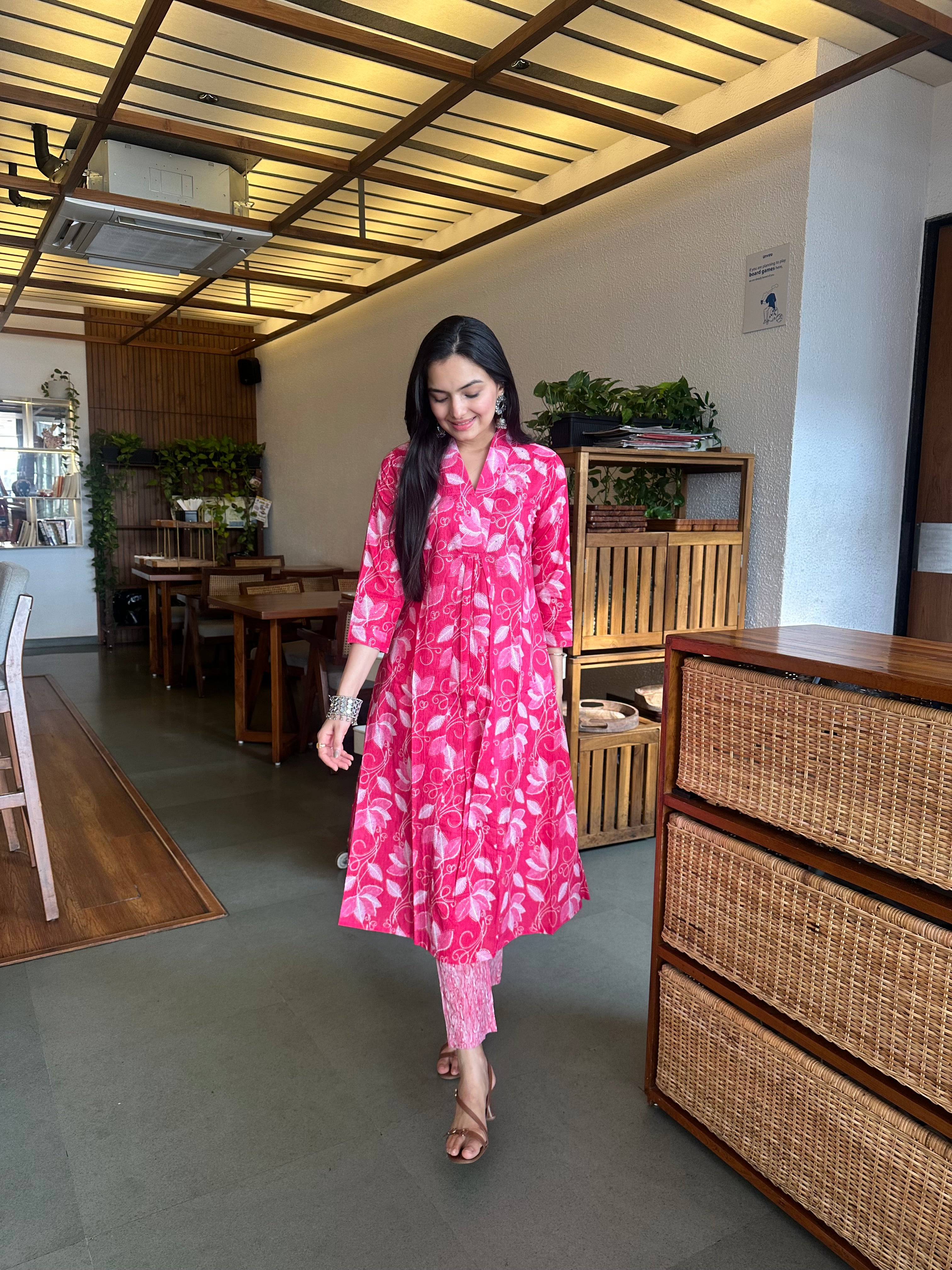 Deep Pink Leaf Print A-Line Kurti Pant Set