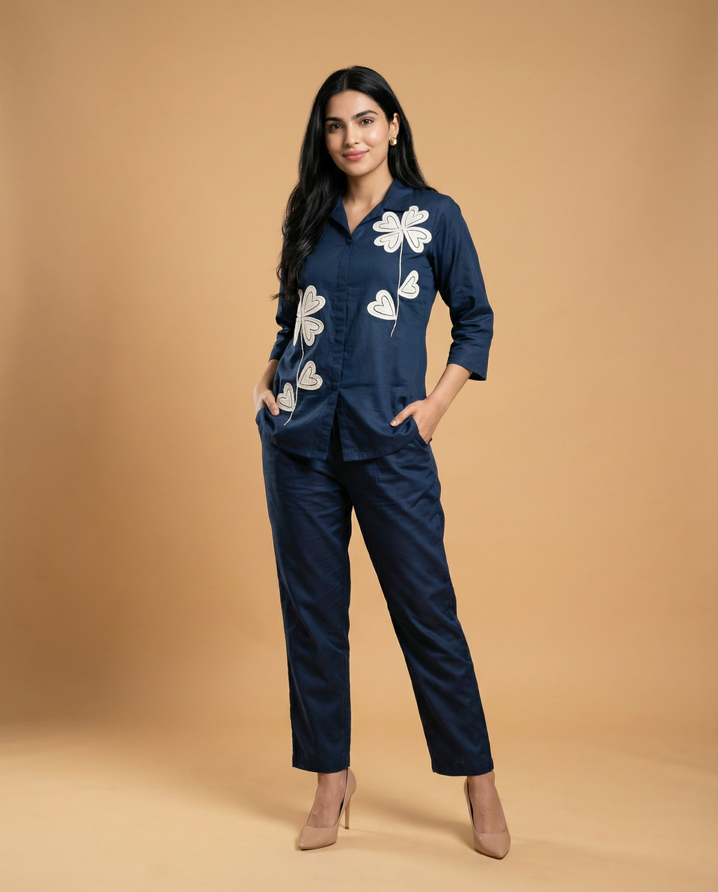 Petrol Blue Applique Giza Silk Coord Set