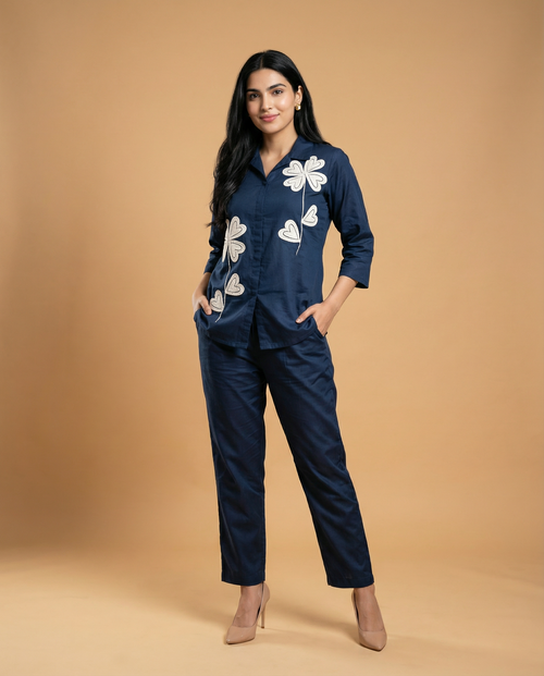 Petrol Blue Applique Giza Silk Coord Set