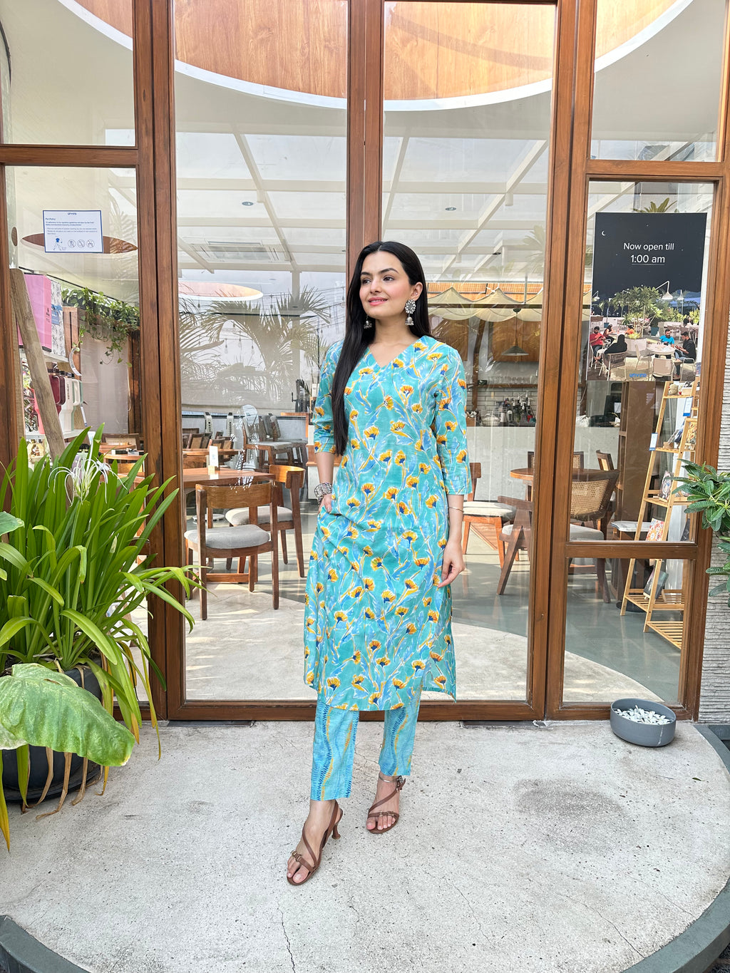 Ethnic Sky Blue Jaipuri Print Kurti Pant Set