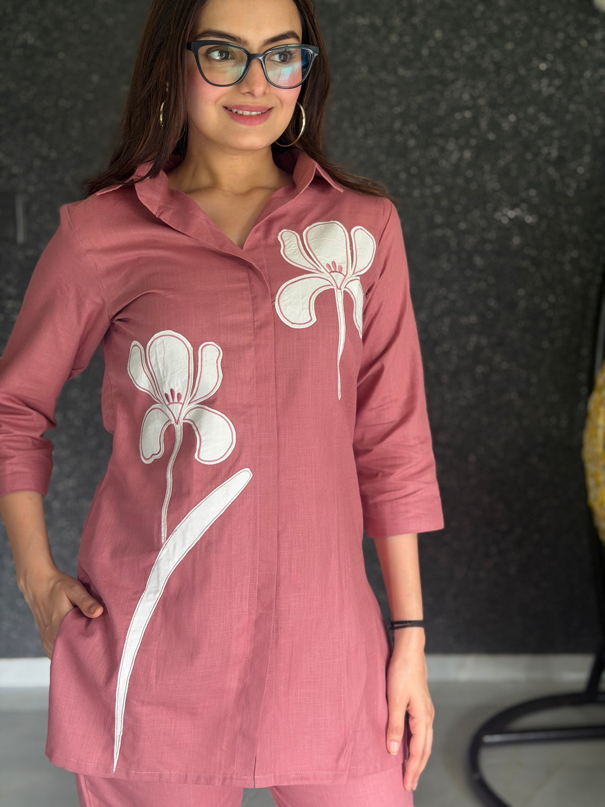 Terracotta Blush Pure Linen Orchid Applique Coord Set