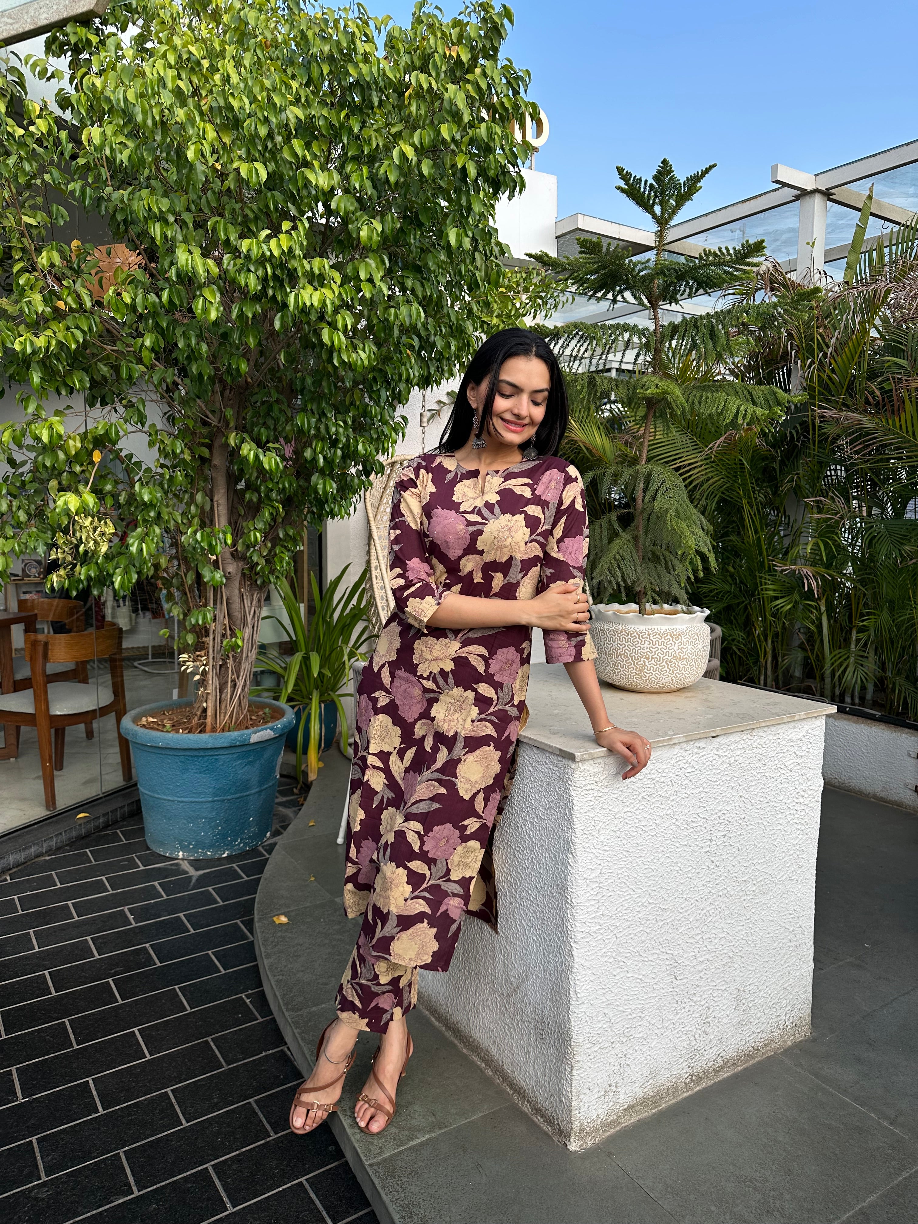 Wine Floral Foil Printed Kurta Set