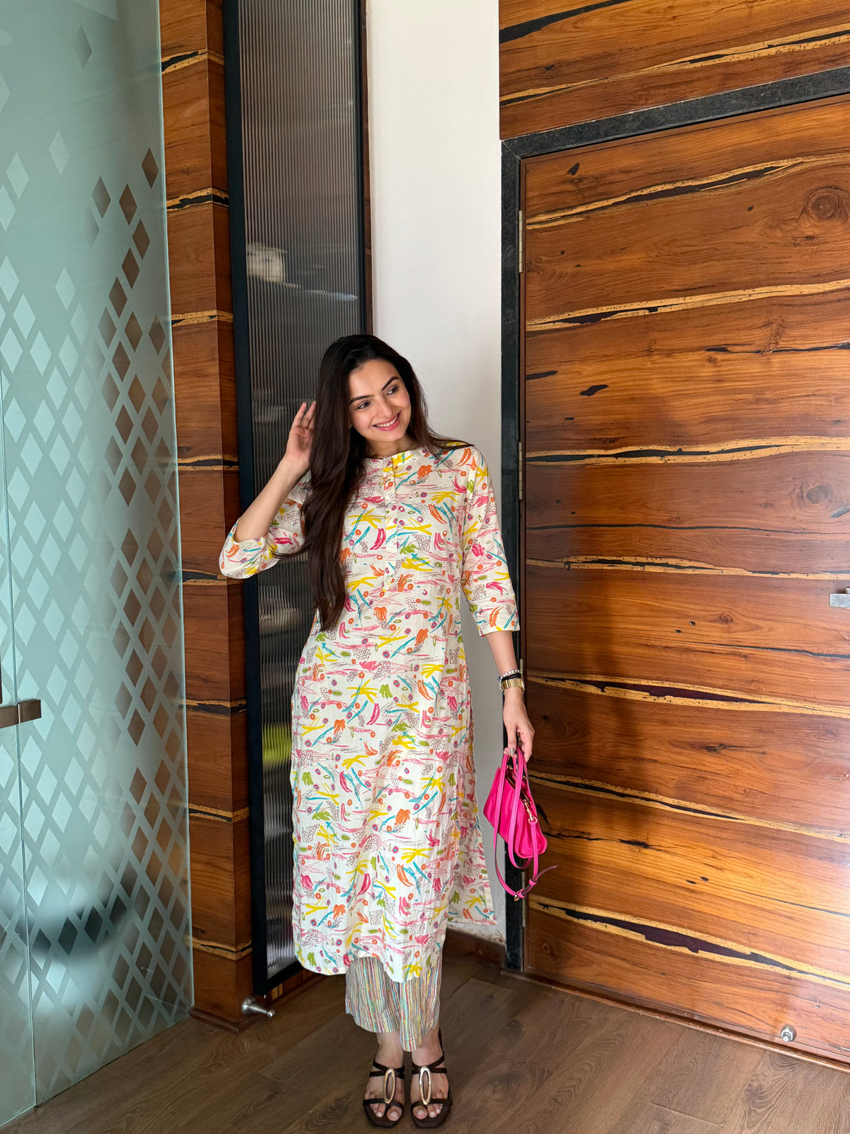Cream Brush Print kurti pant set