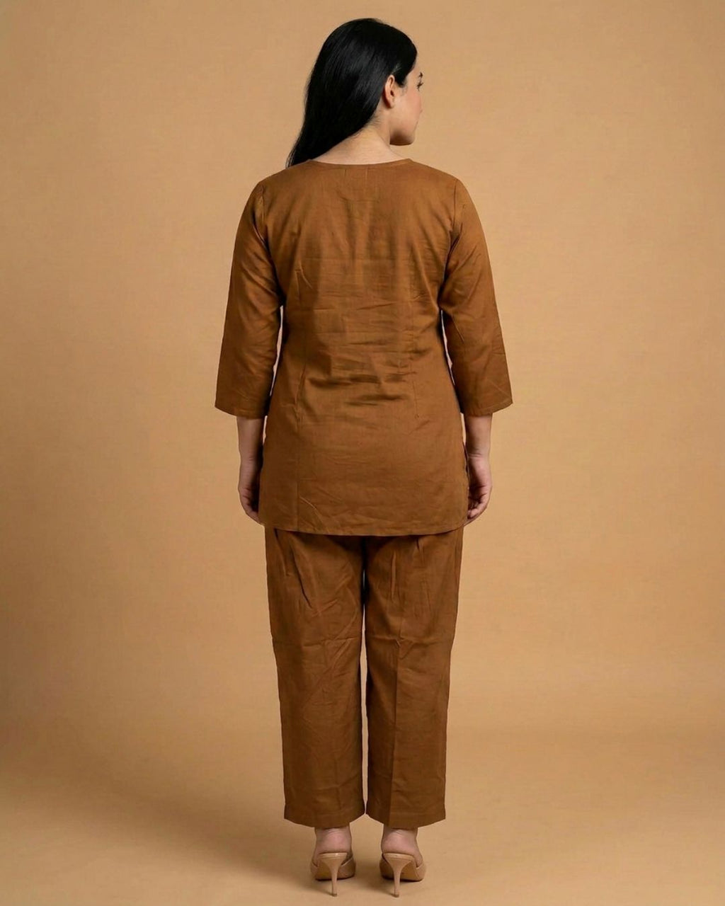 Dune Brown Leaf Applique Giza Silk Coord Set