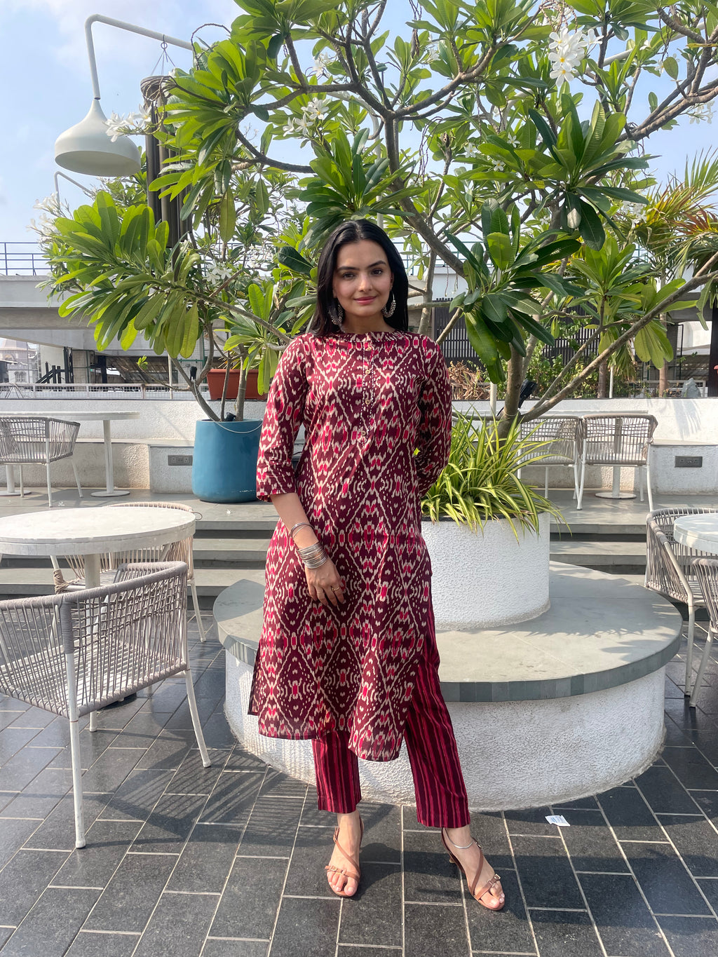 Elegant Maroon Ikat Print Kurti Pant Set