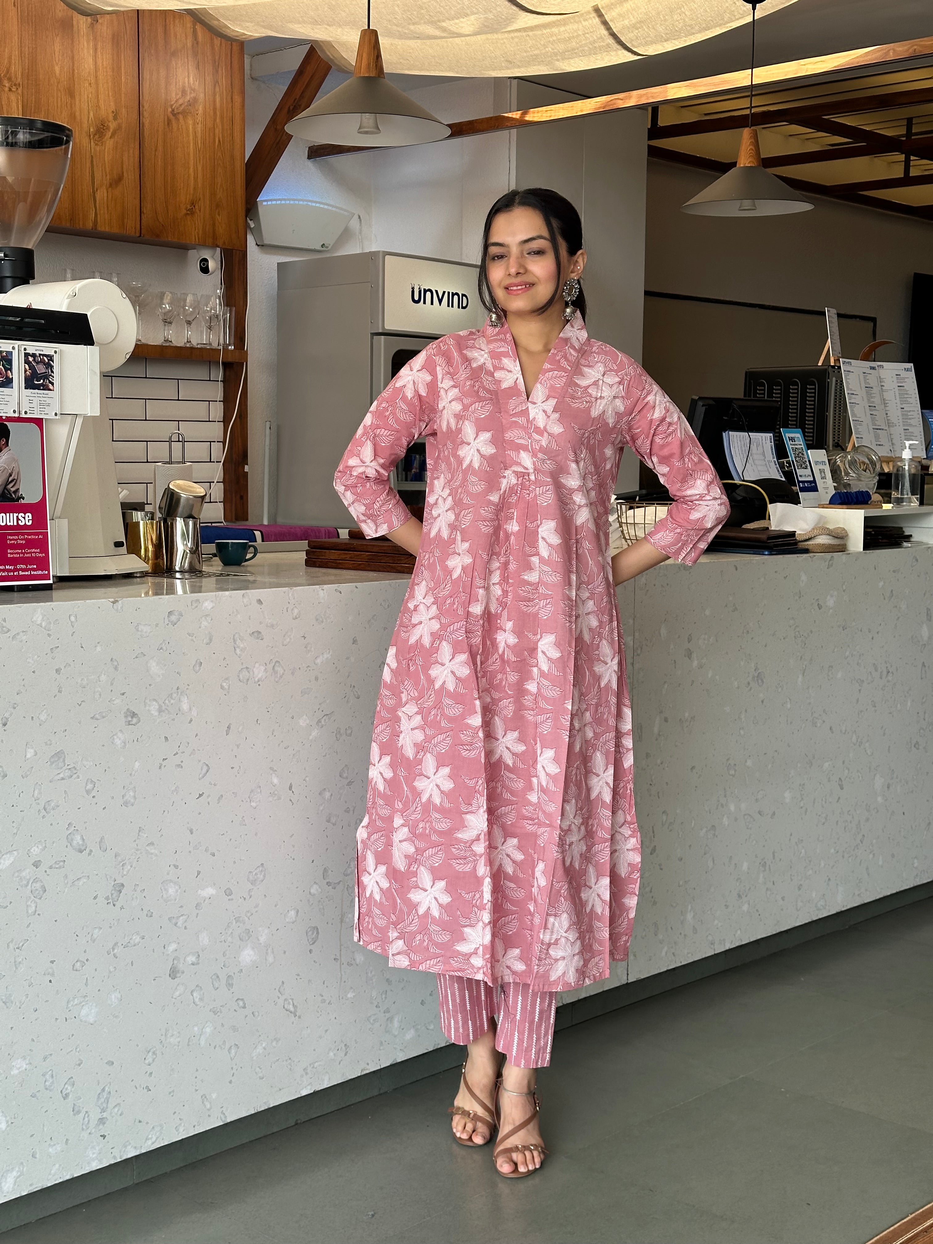 Ethereal Peach Blossom Print A-Line Kurti Pant Set
