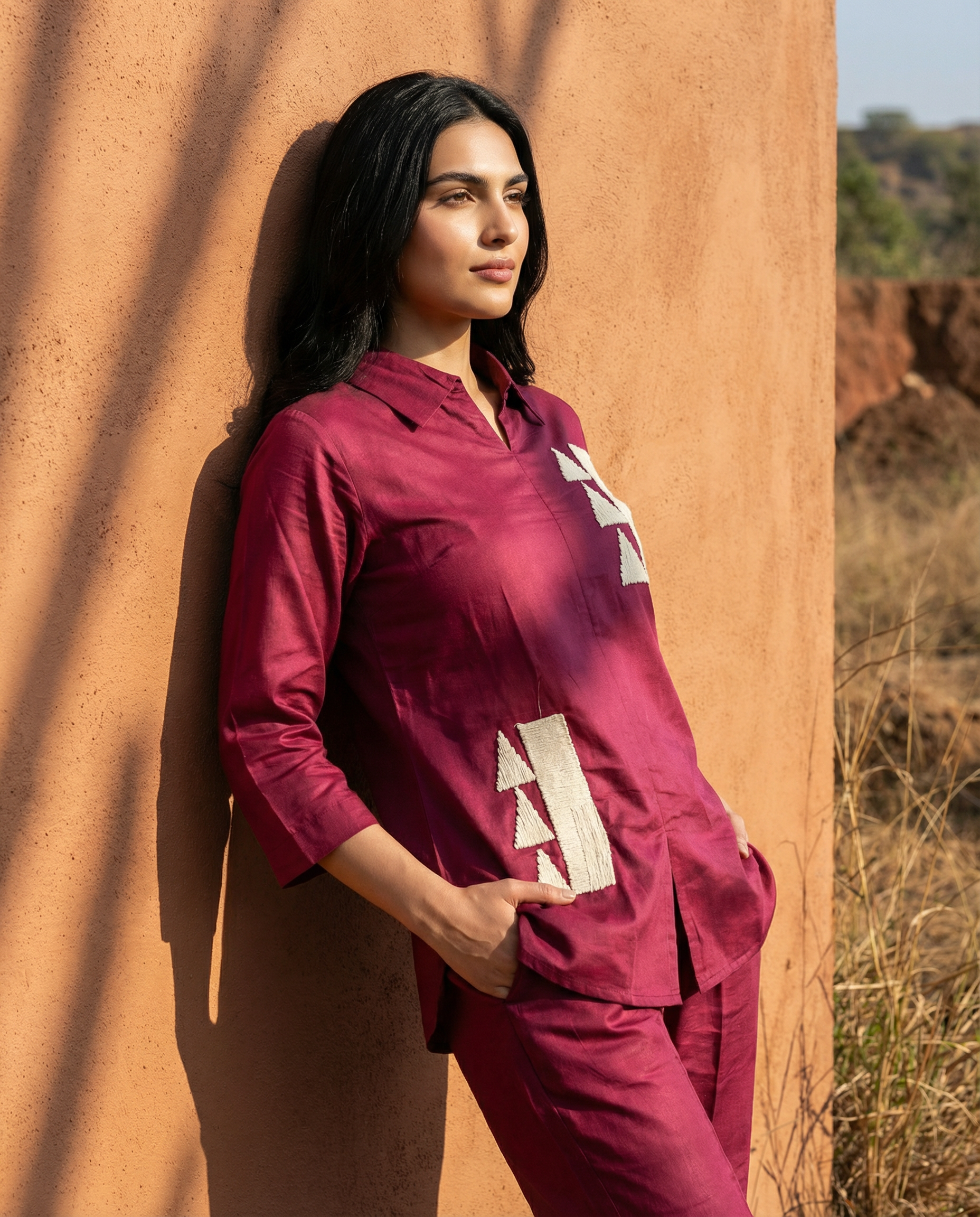 Maroon Whimsy Thread Work Giza Silk Coord Set