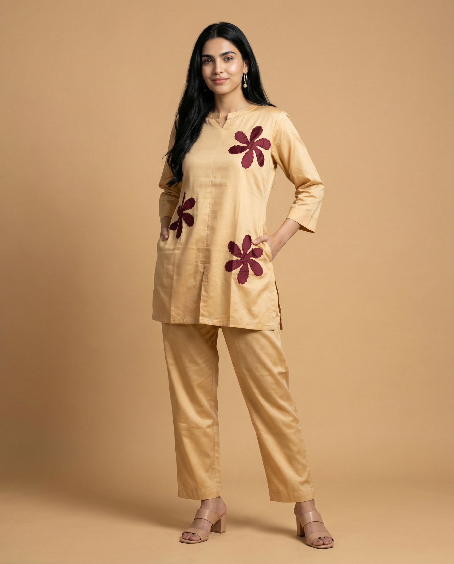 Desert Golden Applique Design Giza Silk Coord Set