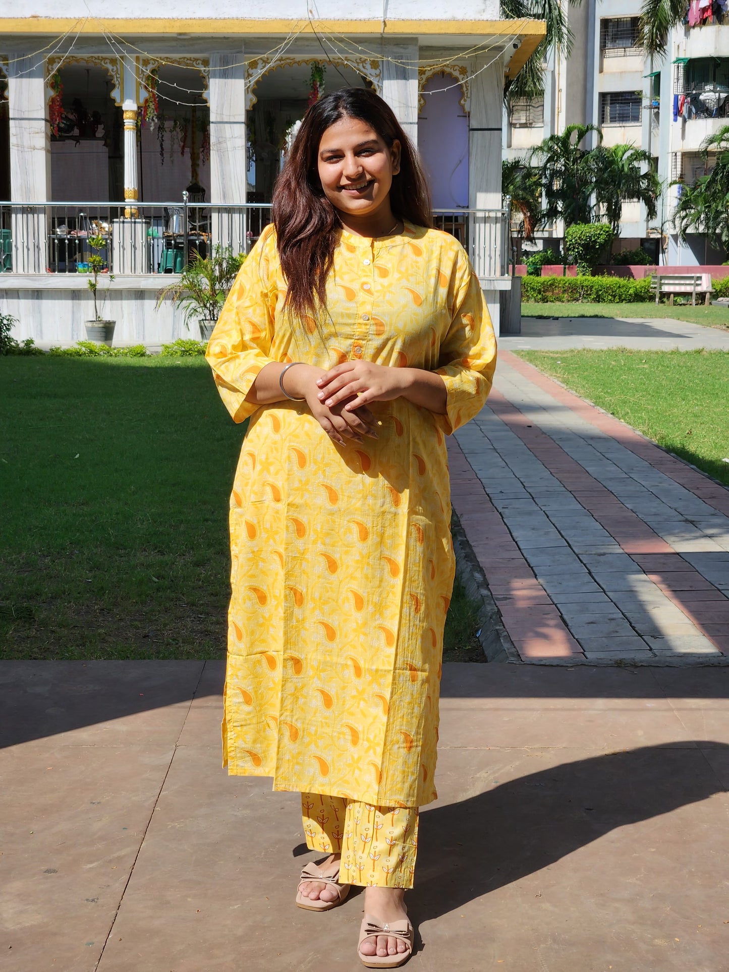 Yellow Keri Print Cotton Kurti Pant Set