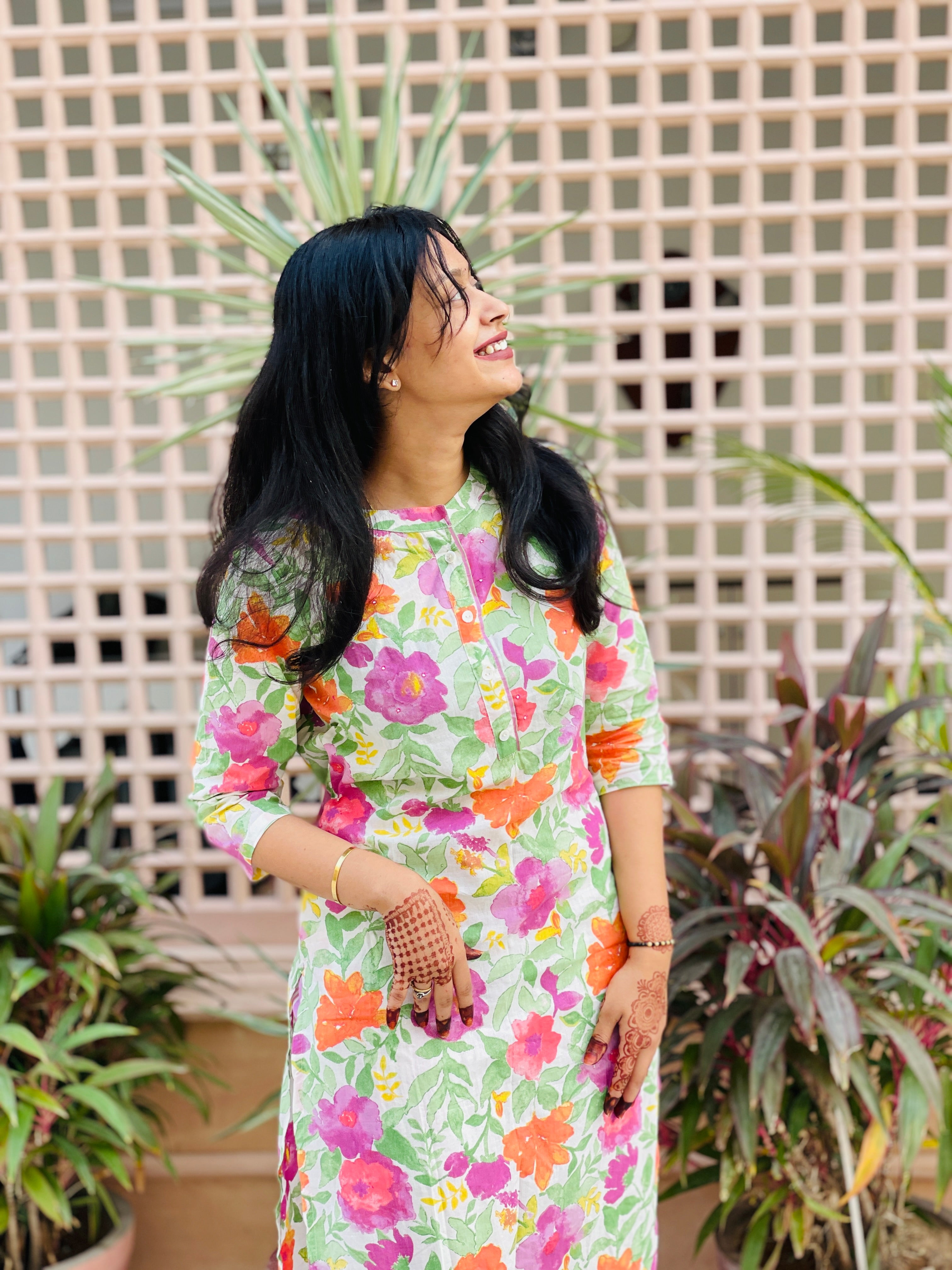 Multi Colour Floral Print Cotton Kurti Pant Set
