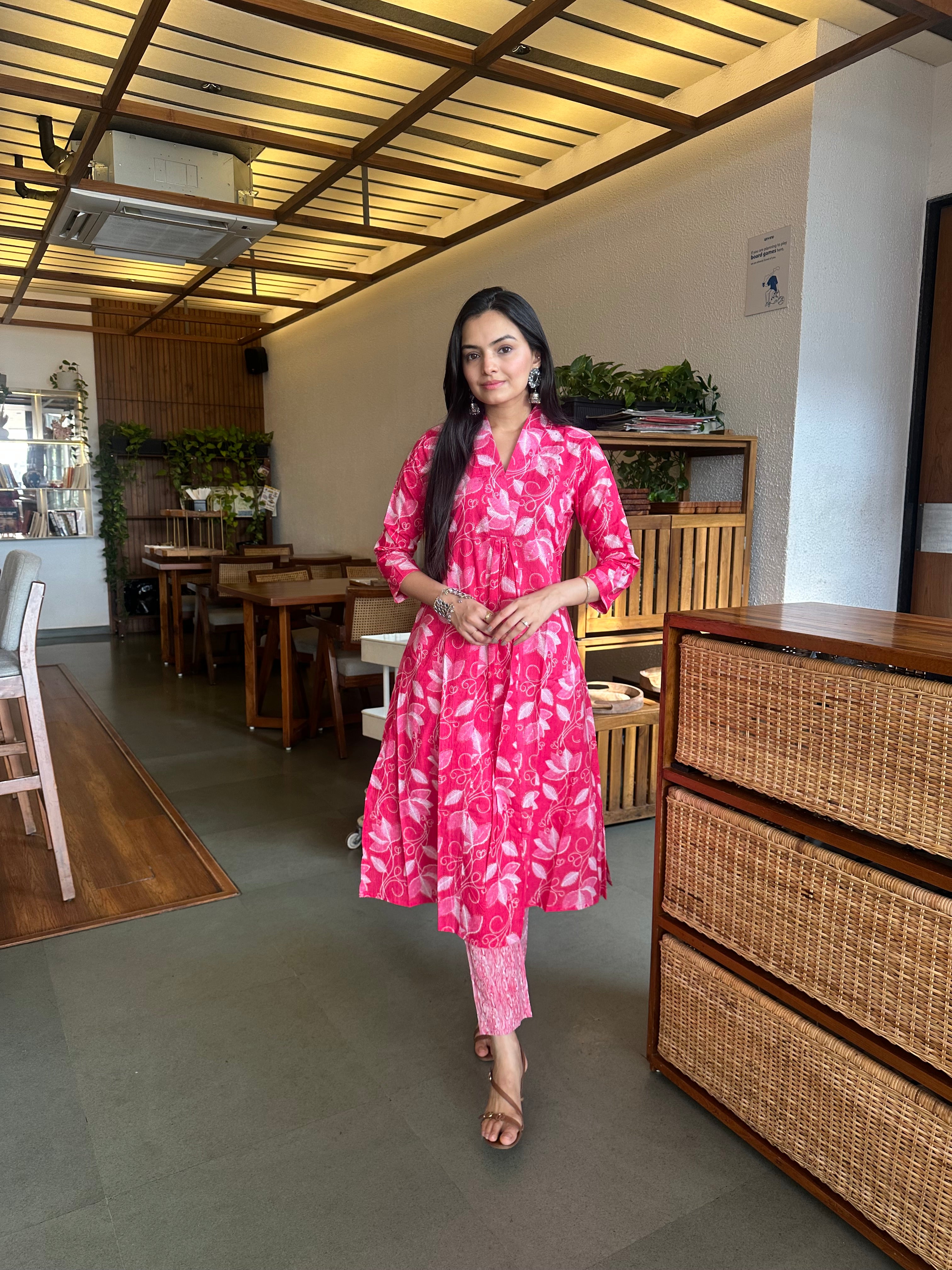 Deep Pink Leaf Print A-Line Kurti Pant Set