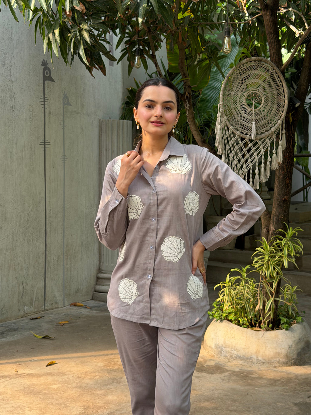Mushroom Grey Floral Applique Pure Linen Coord Set