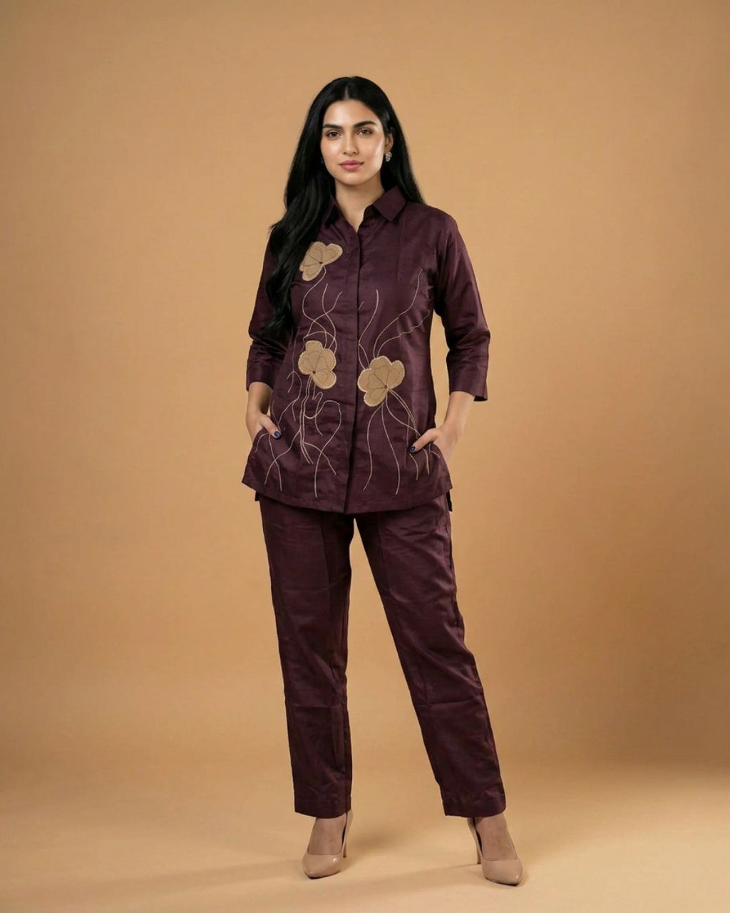 Burgundy Wine Flora Applique Giza Silk Coord Set