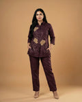 Burgundy Wine Flora Applique Giza Silk Coord Set