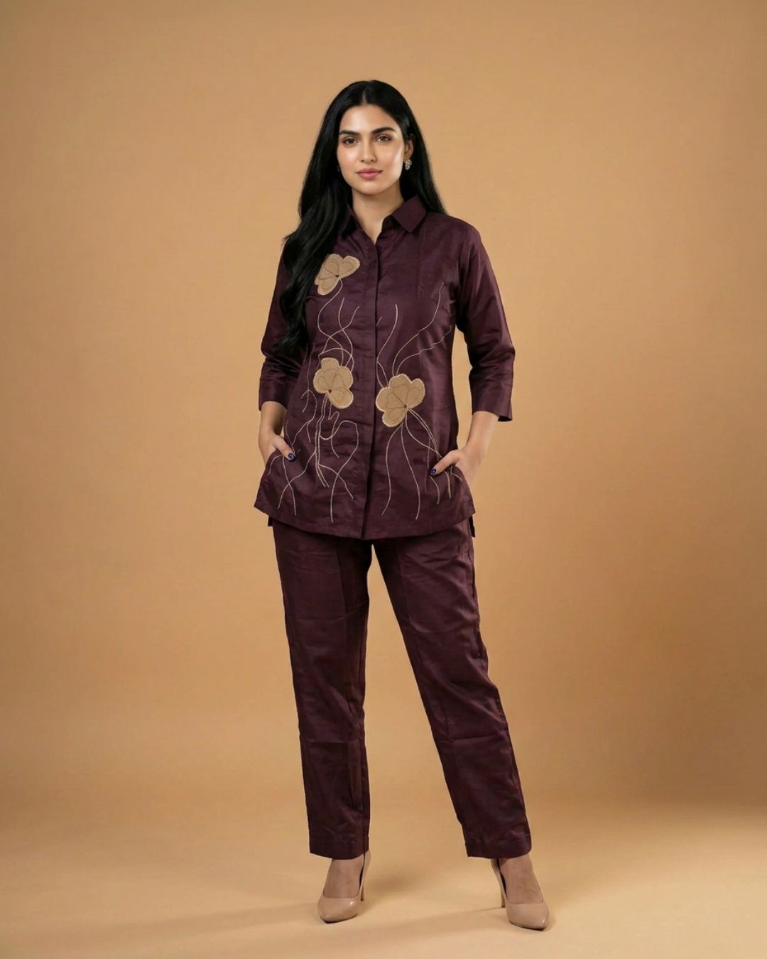 Burgundy Wine Flora Applique Giza Silk Coord Set