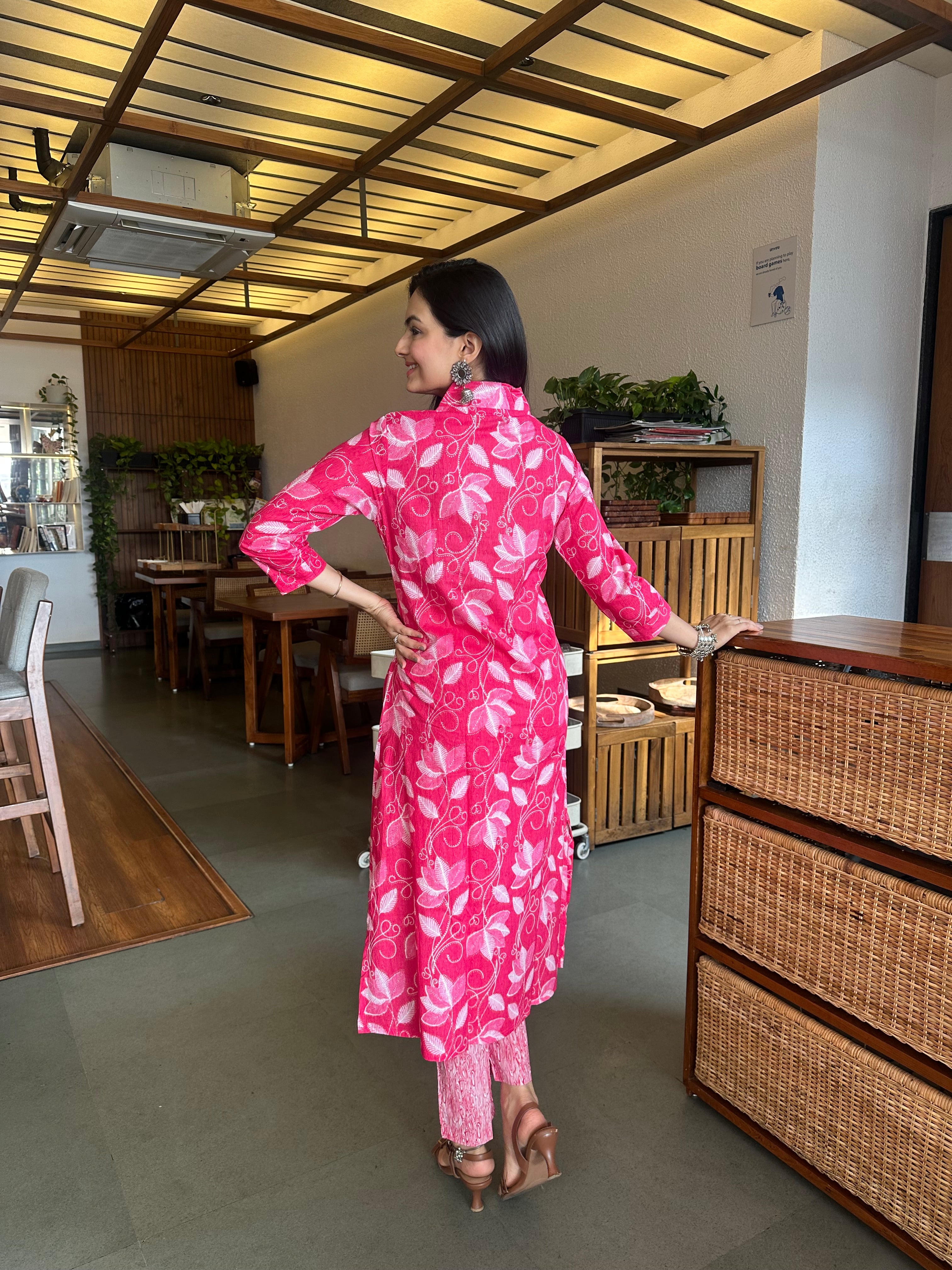 Deep Pink Leaf Print A-Line Kurti Pant Set