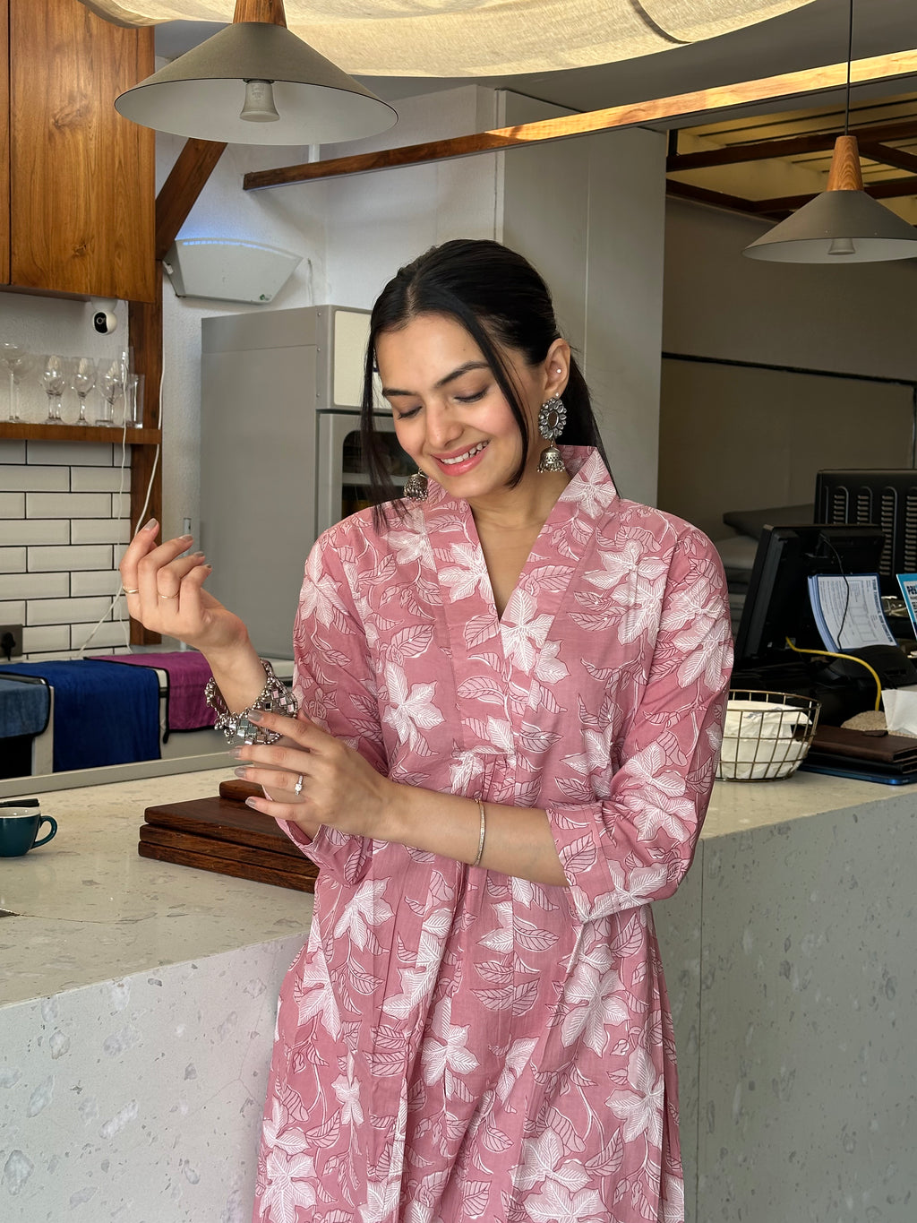 Ethereal Peach Blossom Print A-Line Kurti Pant Set