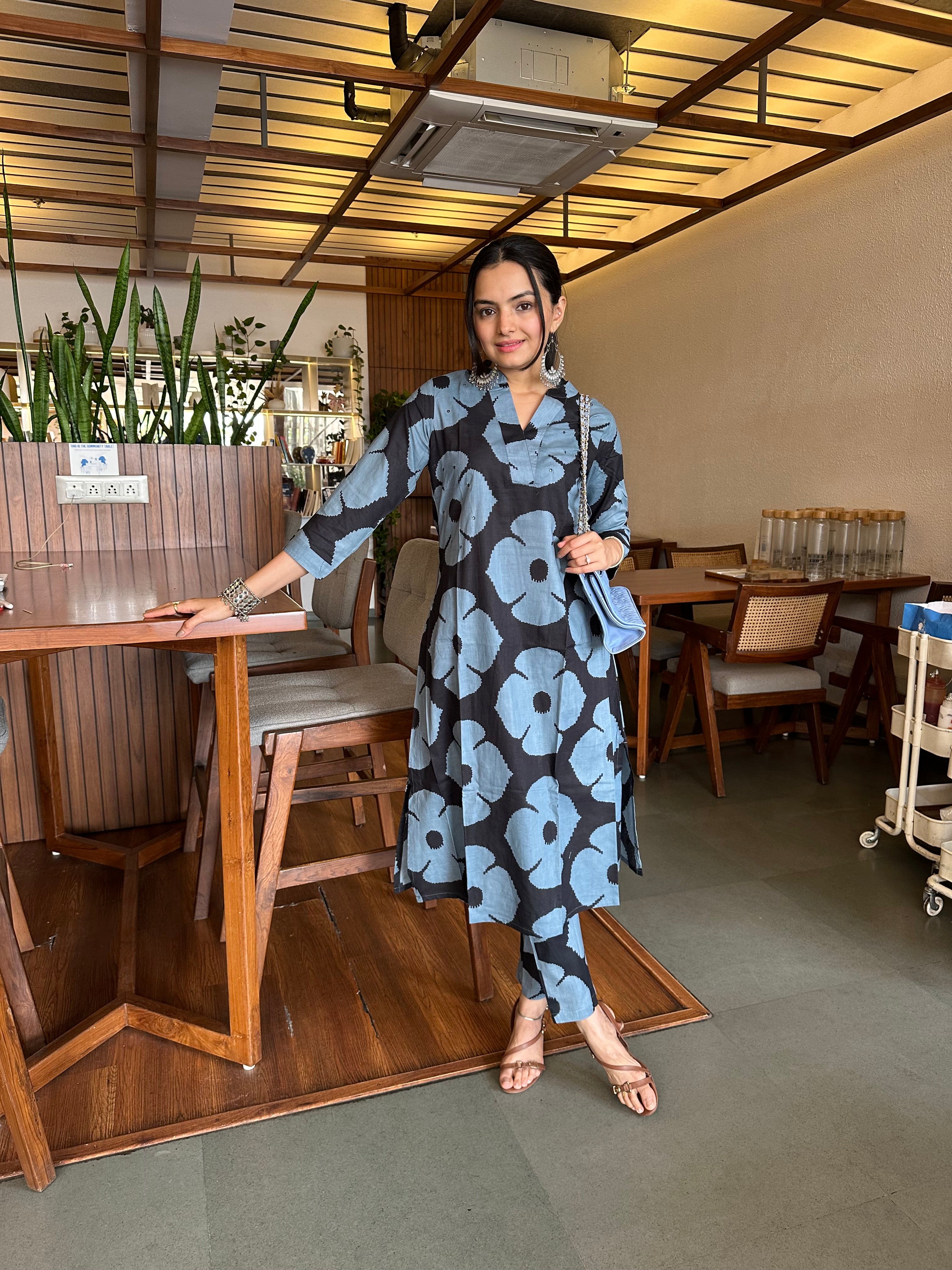 Dramatic Duality Black Hand Block Print A-Line Kurti Pant Set