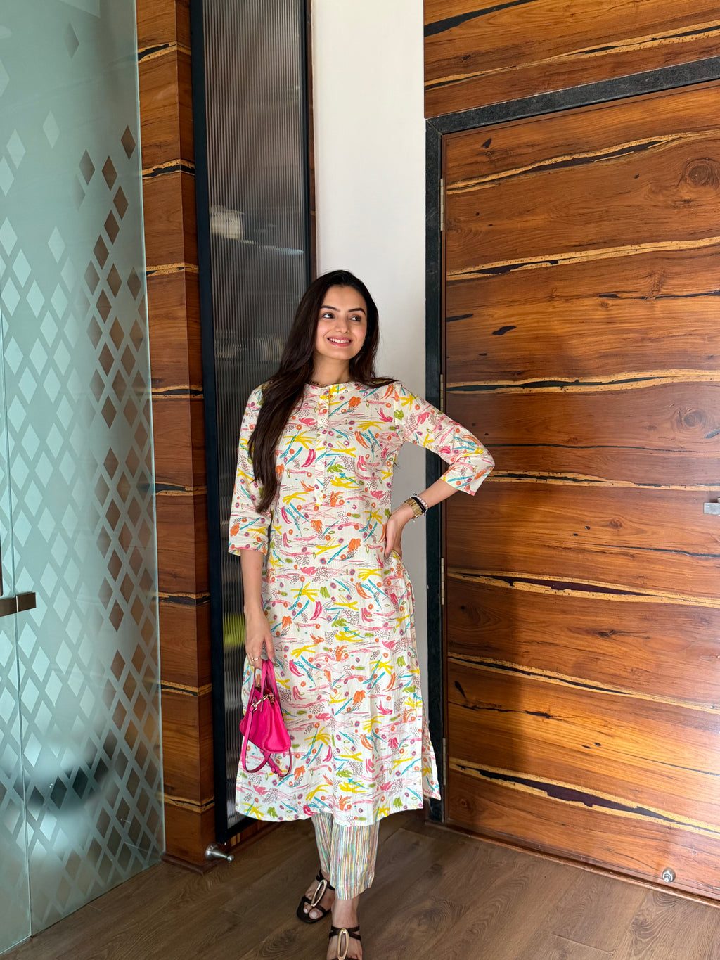 Cream Brush Print kurti pant set