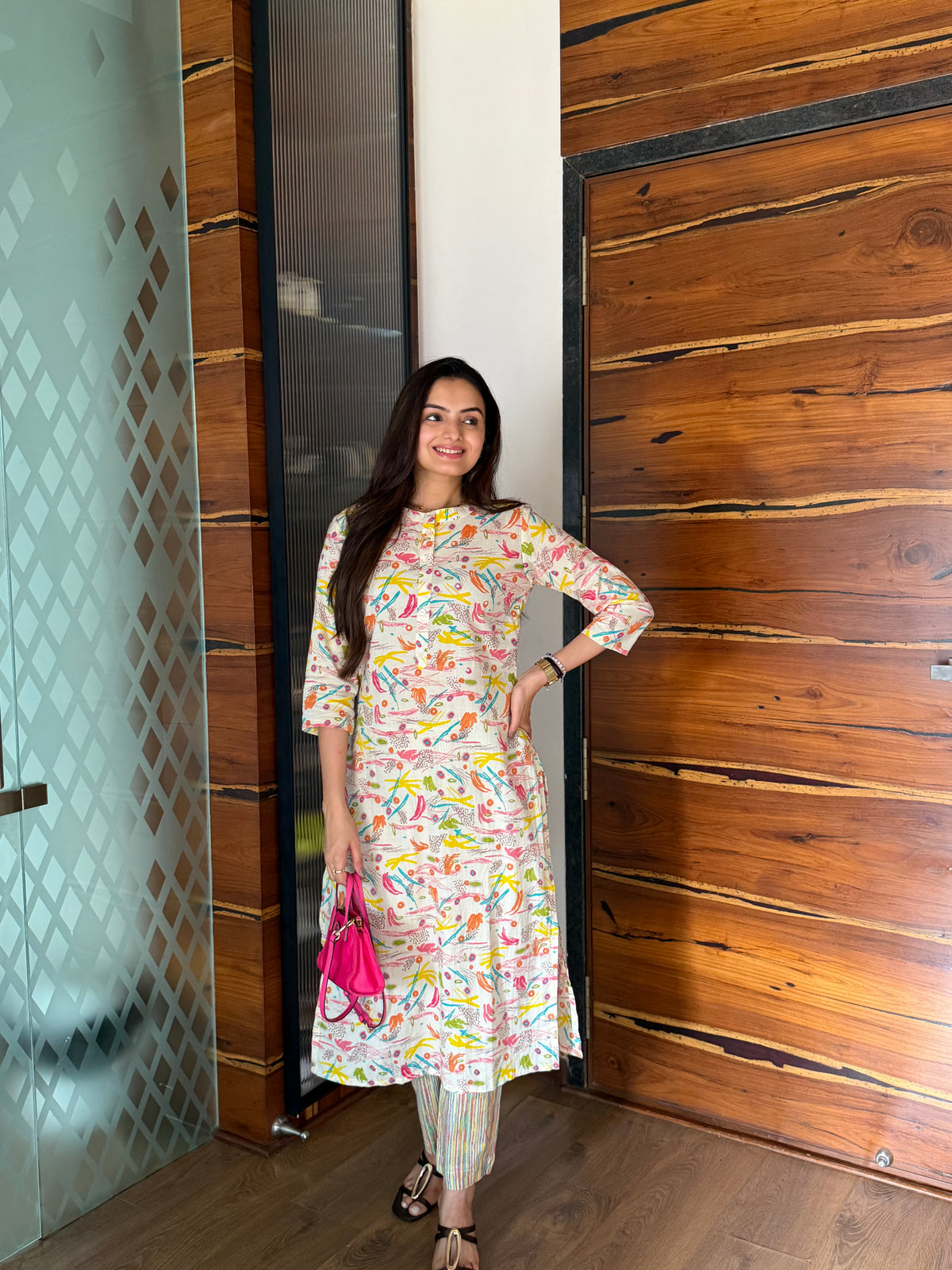 Cream Brush Print kurti pant set