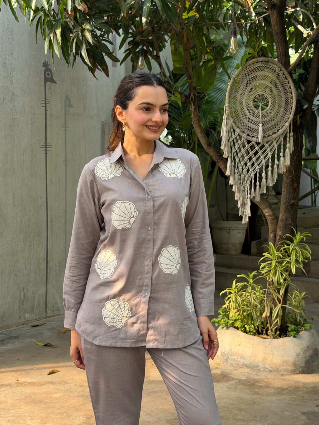 Mushroom Grey Floral Applique Pure Linen Coord Set