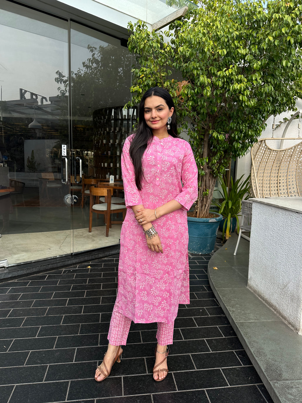 Flamingo Pink Nature Leaf Print Kurti Pant Set