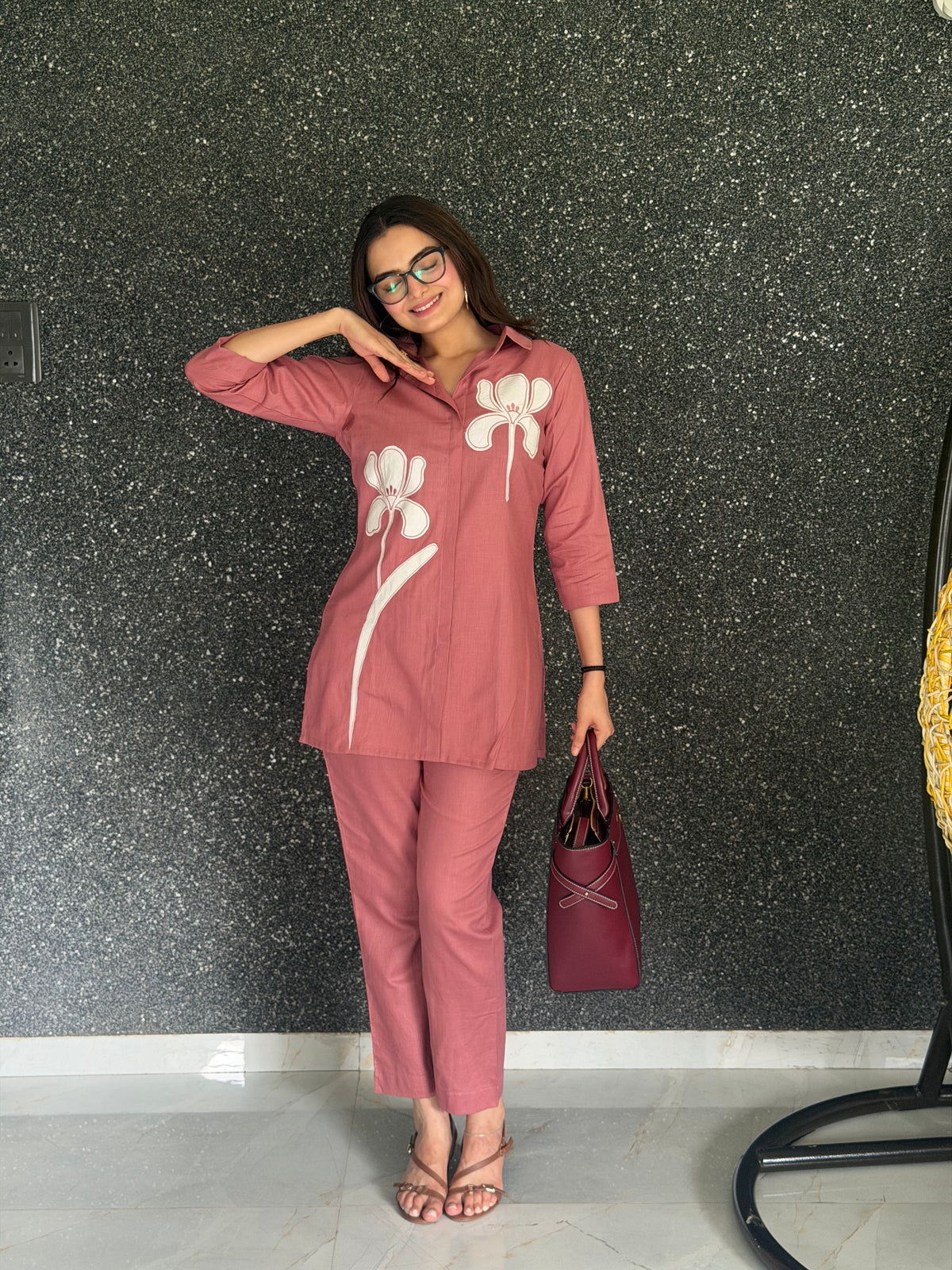 Terracotta Blush Pure Linen Orchid Applique Coord Set