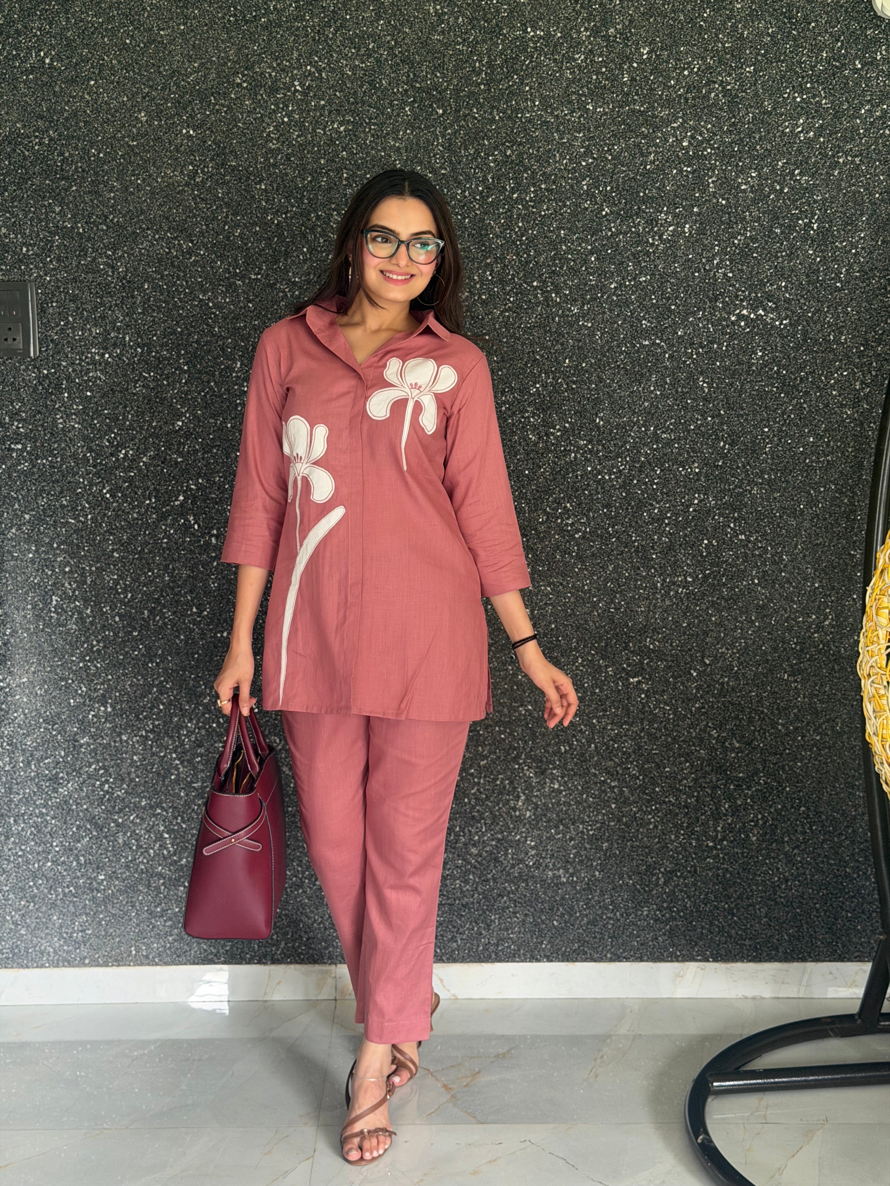 Terracotta Blush Pure Linen Orchid Applique Coord Set